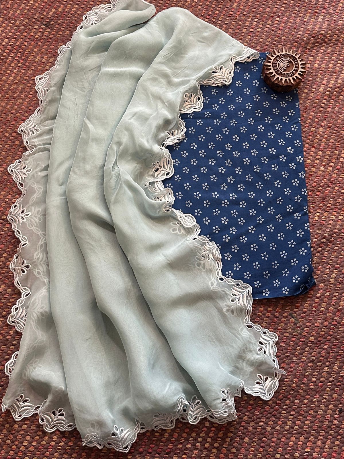 Pure Cotton Indigo Handblocked Fabric with Exclusive Cutwork Organza Dupatta