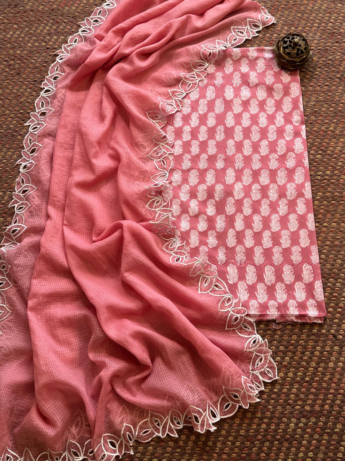 Pure Cotton Handblock Fabric with Cutwork Embroidered Dupatta