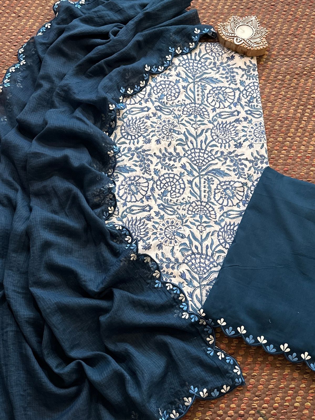 Pure Cotton Hand blocked Set with Embroidered Dupatta