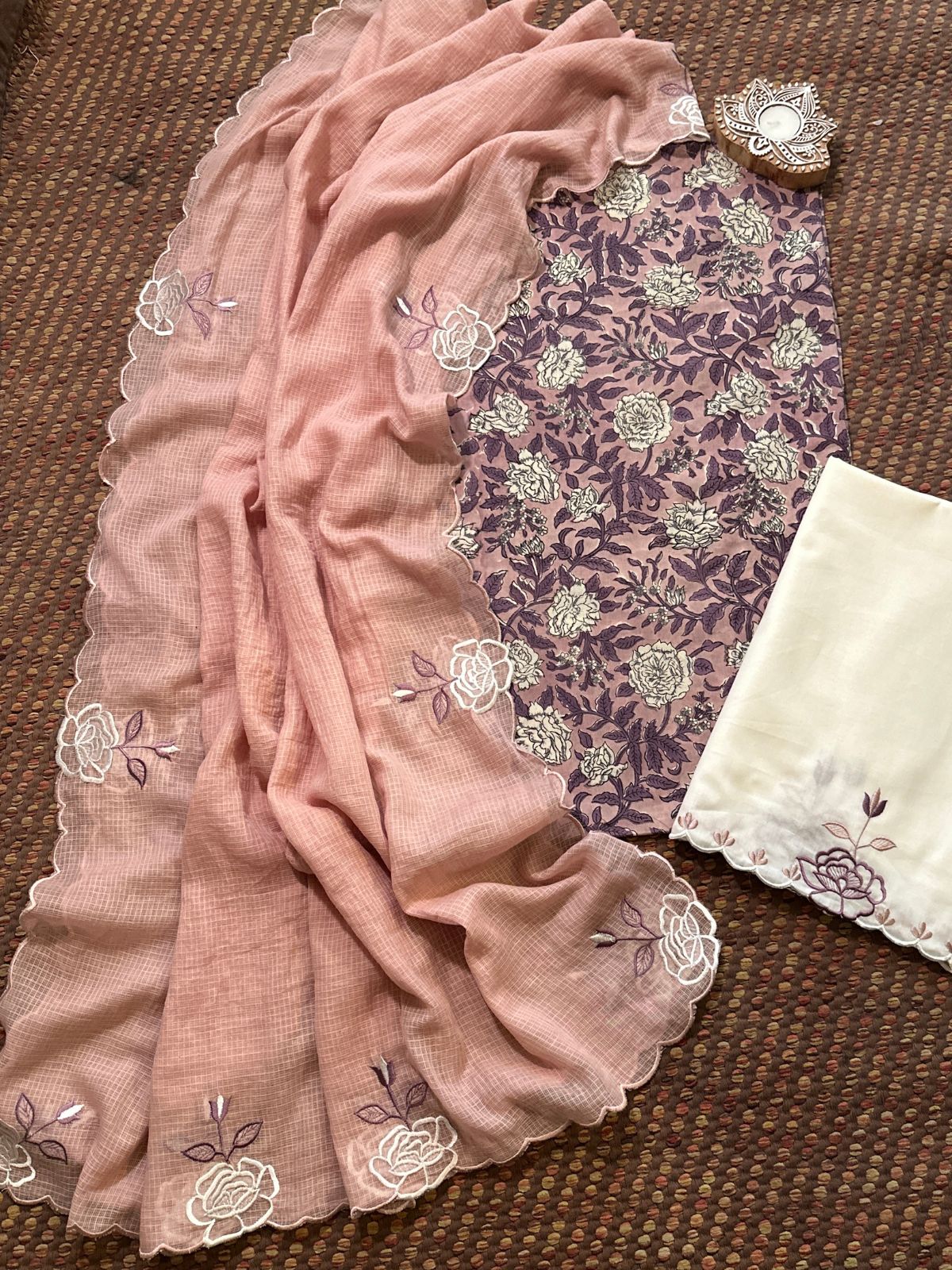 Pure Cotton Hand-block Fabric with Embroidered Bottom & Kota Doria Dupatta