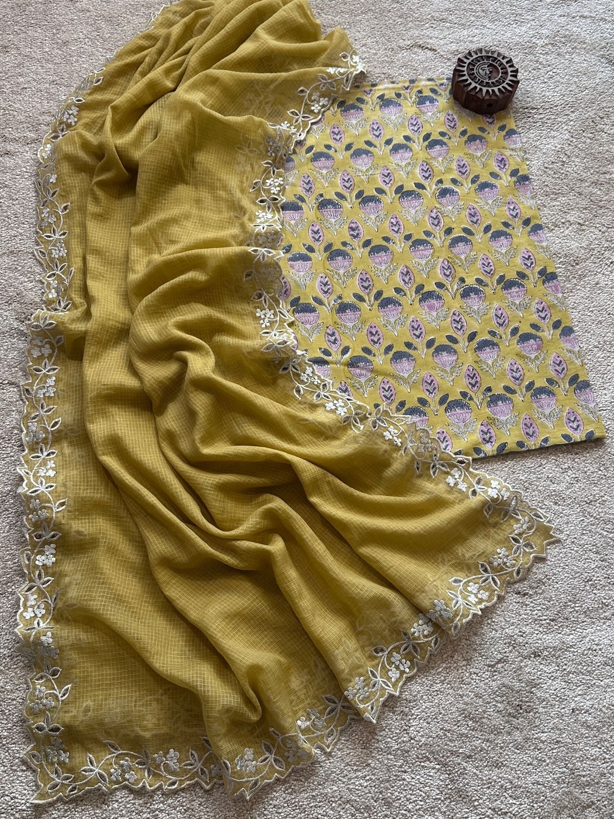 Ketaki Set- Sanganeri Block Print Fabric with Cutwork Embroidered Dupatta