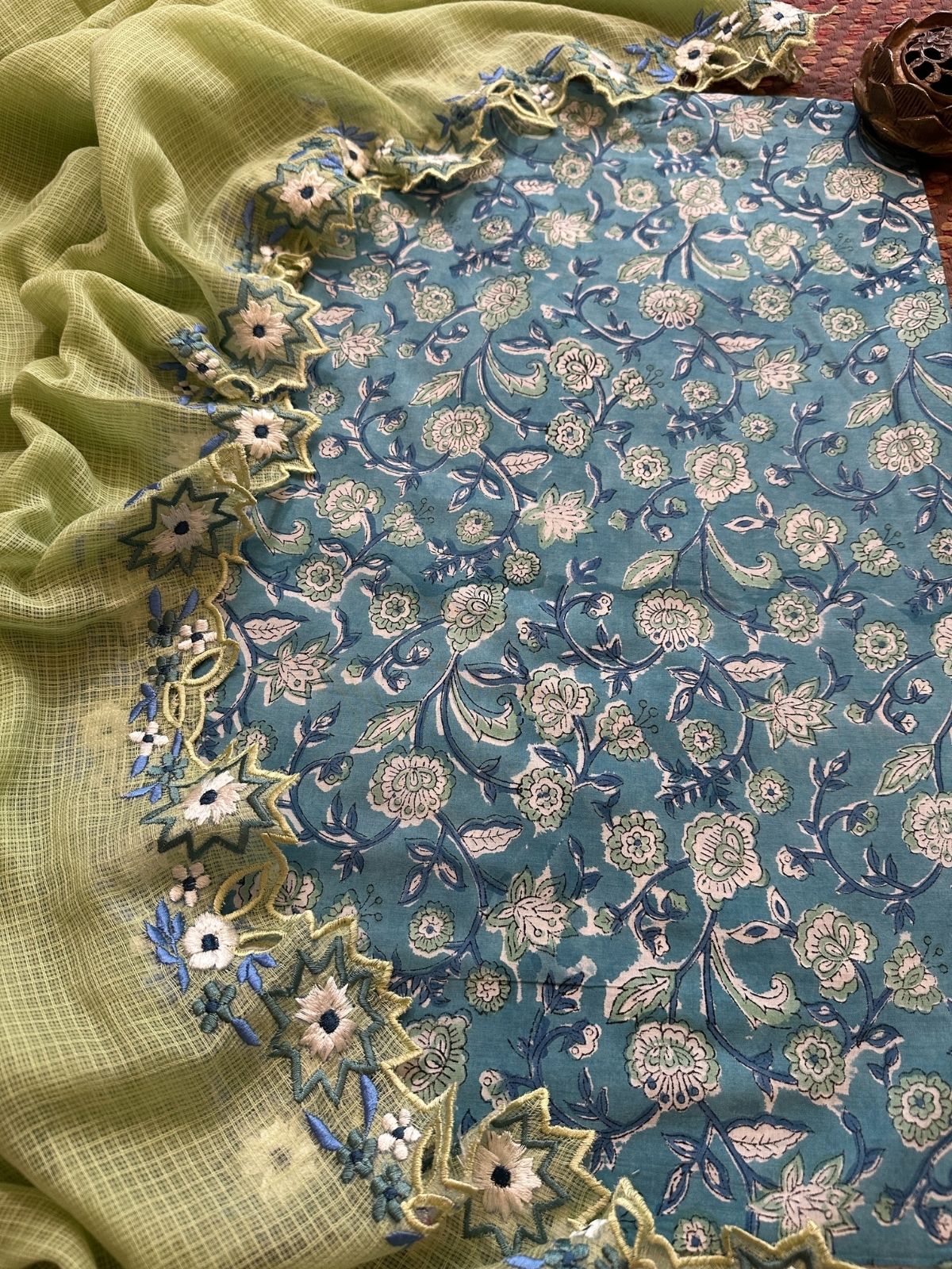Pure Cotton Handblock Fabric with Exclusive Cutwork Embroidered Dupatta (Copy)