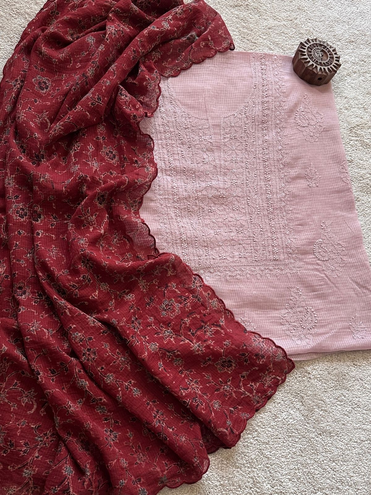 Chikankari Hand Embroidered Fabric with Ajrak Hadblocked Kota Dupatta
