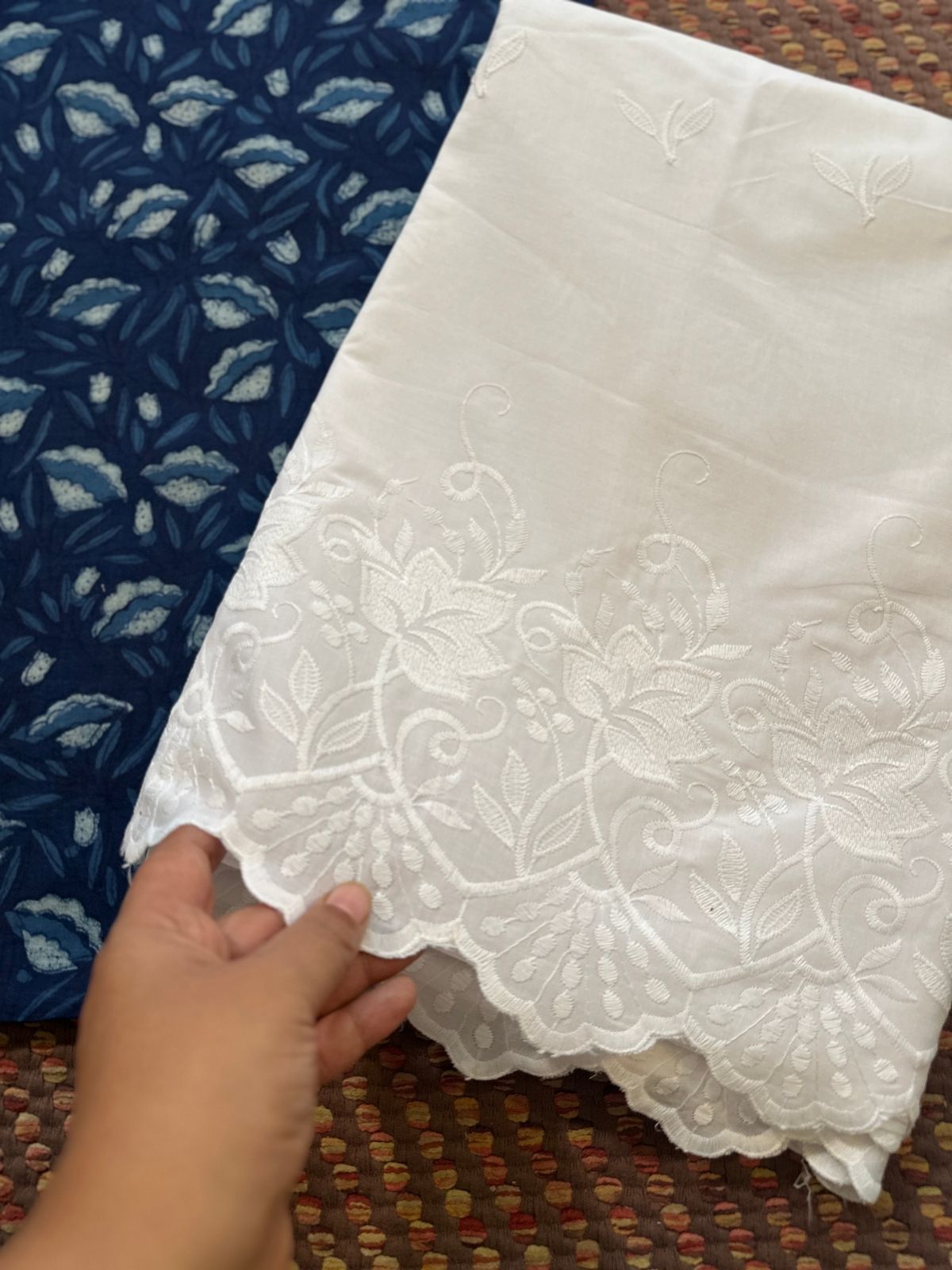 Pure Cotton Indigo Handblocked Fabric with Embroidered Bottom