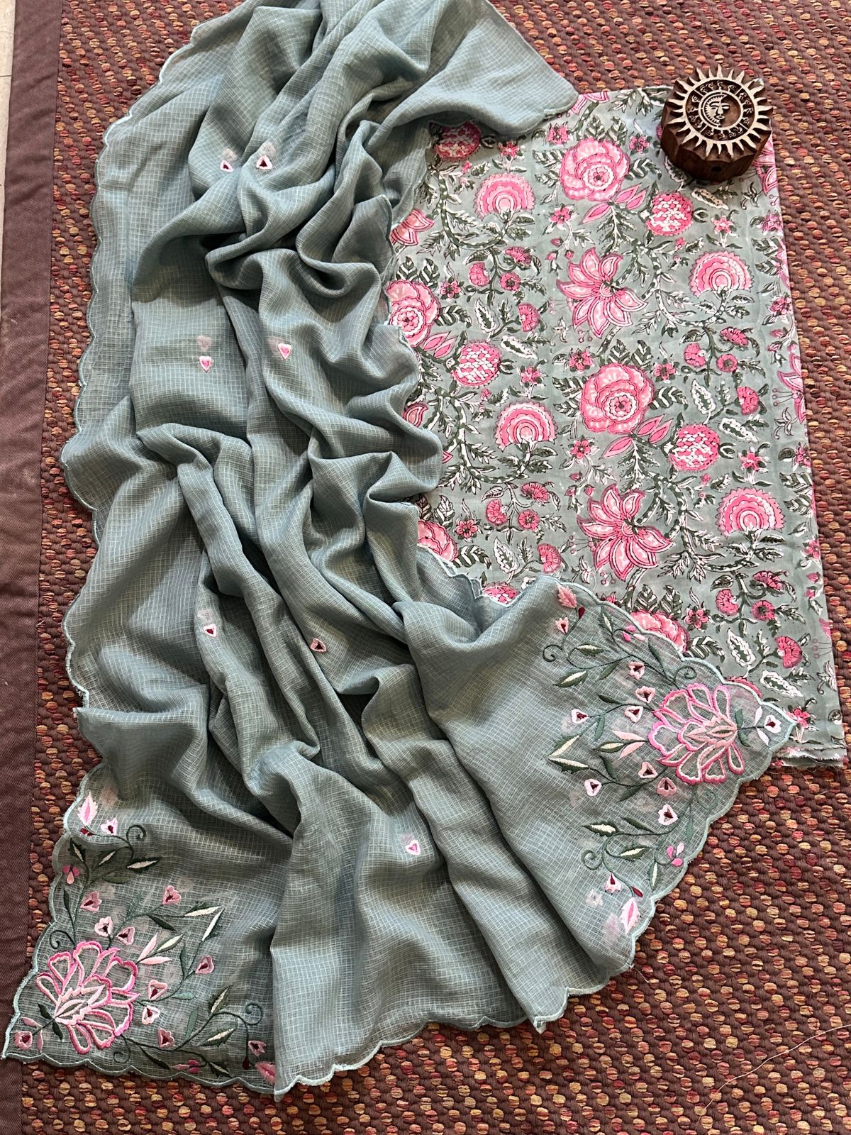 Pure Cotton Hand-blocked fabric set with Embroidered Dupatta