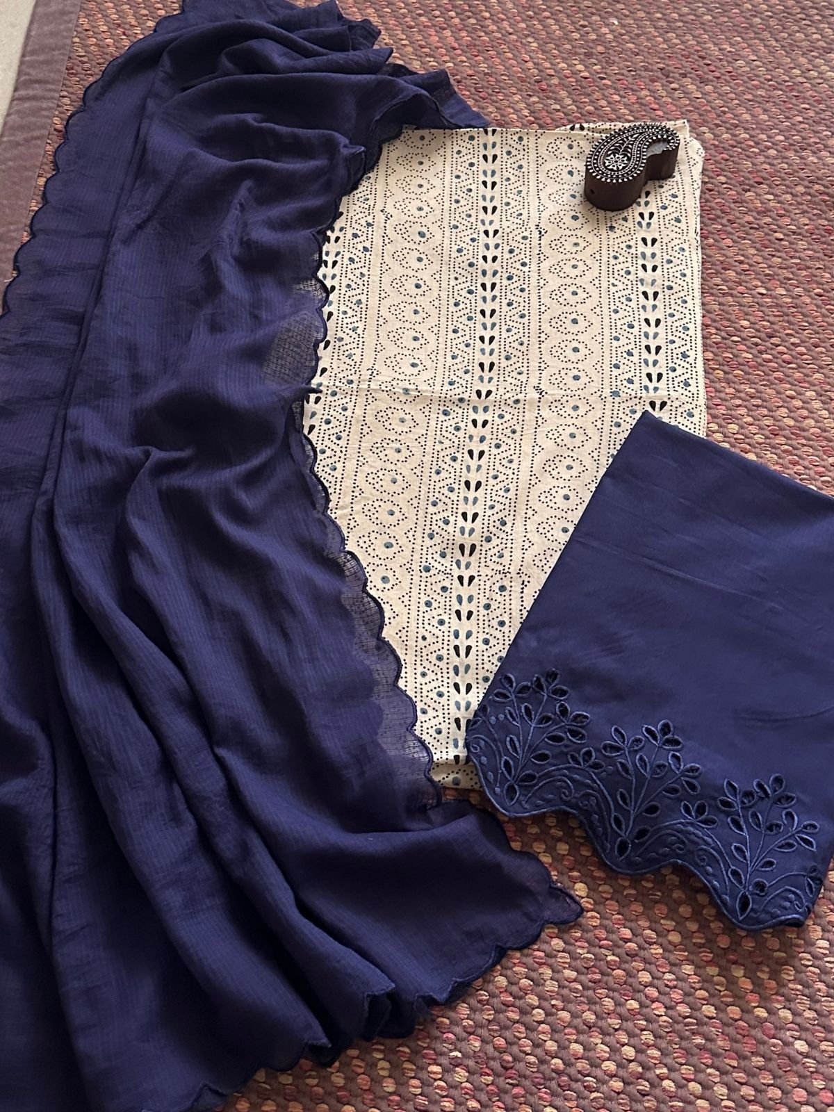 Pure Cotton Malmal  Ajrakh Fabric with Exclusive Cutwork Bottom & Kota Doria Dupatta