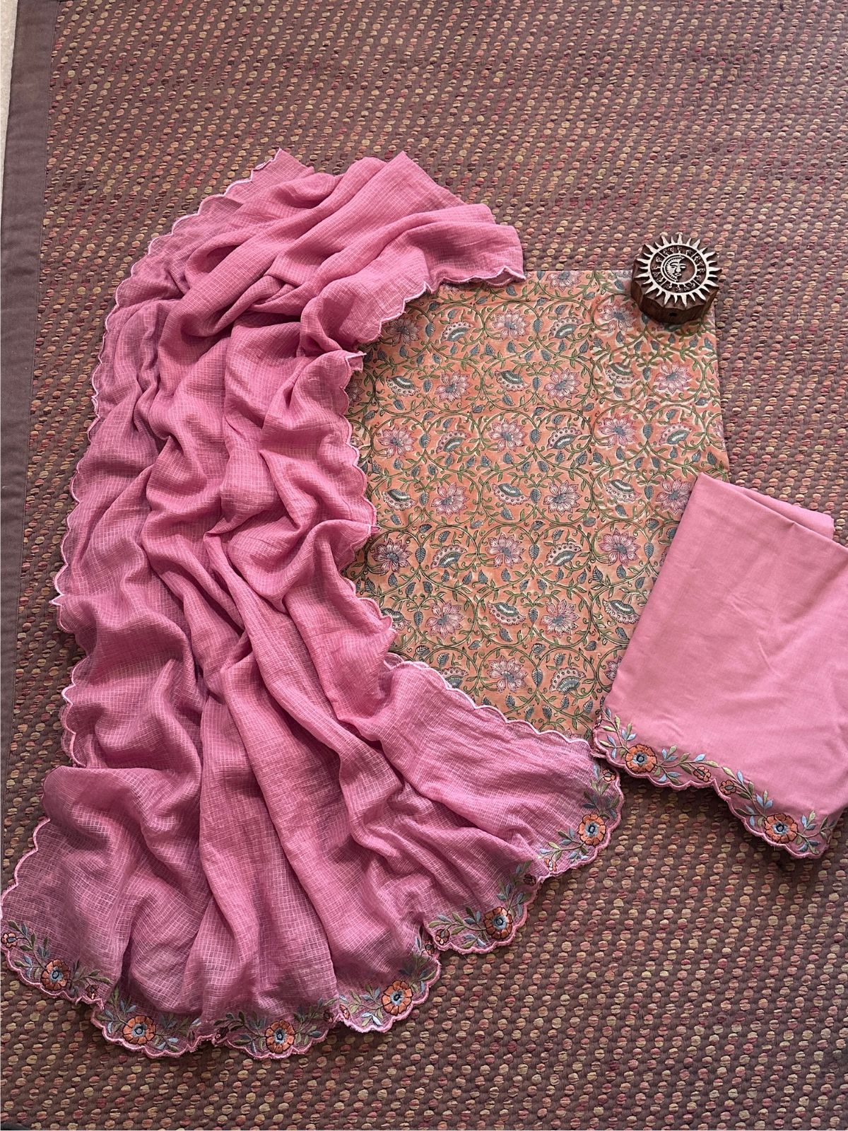 Pure Cotton Hand-block Fabric with Embroidered Bottom & Kota Doria Dupatta
