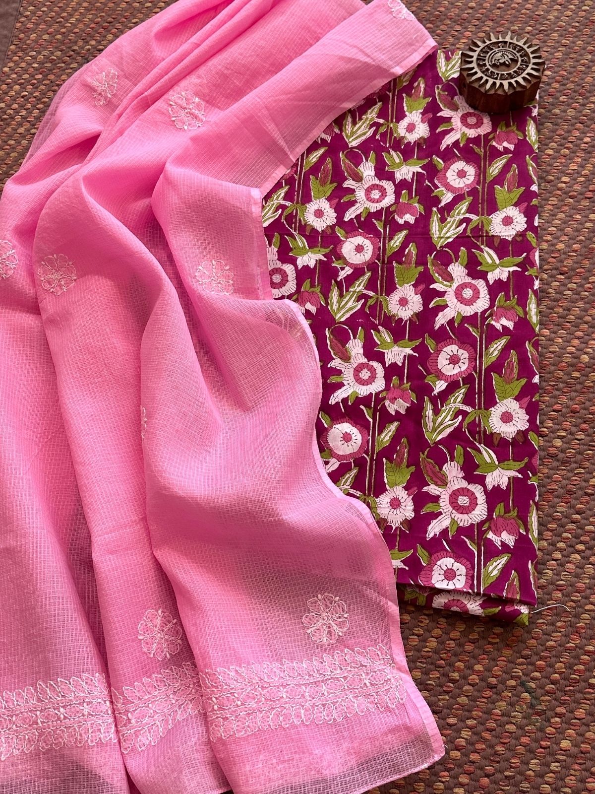 Pure Cotton Hand Blocked Fabric with Chikankari Dupatta