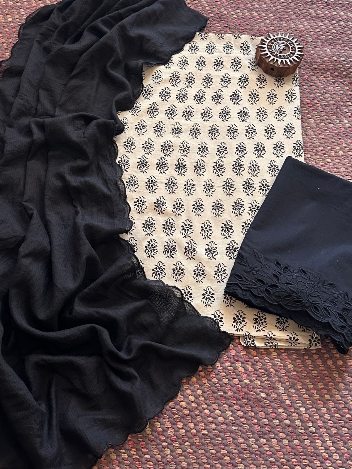 Pure Cotton Hand-blocked Fabric with Cutwork Bottom & Kota Doria Dupatta