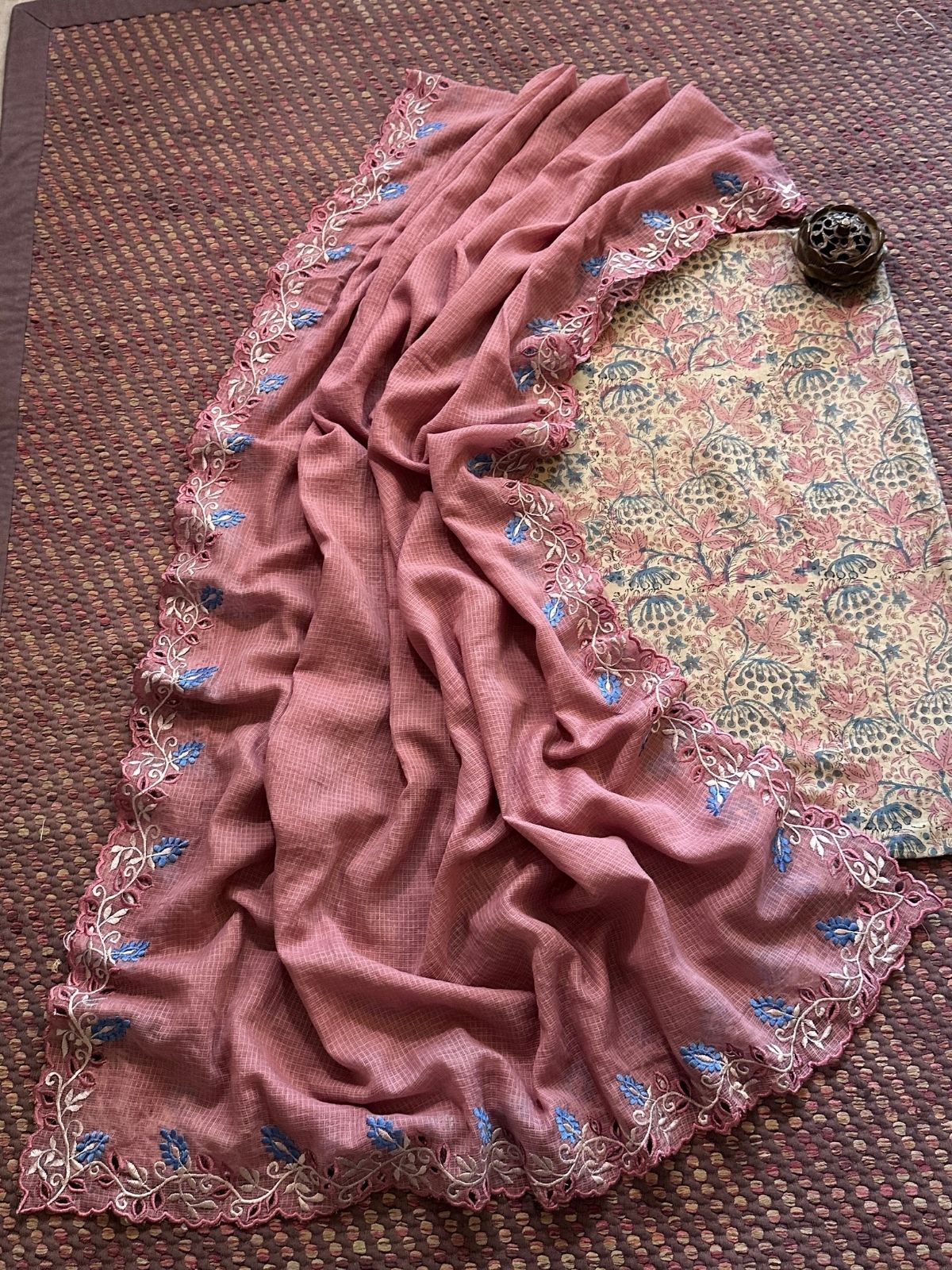 Pure Cotton Malmal Handblock Fabric with Cutwork Embroidered Dupatta