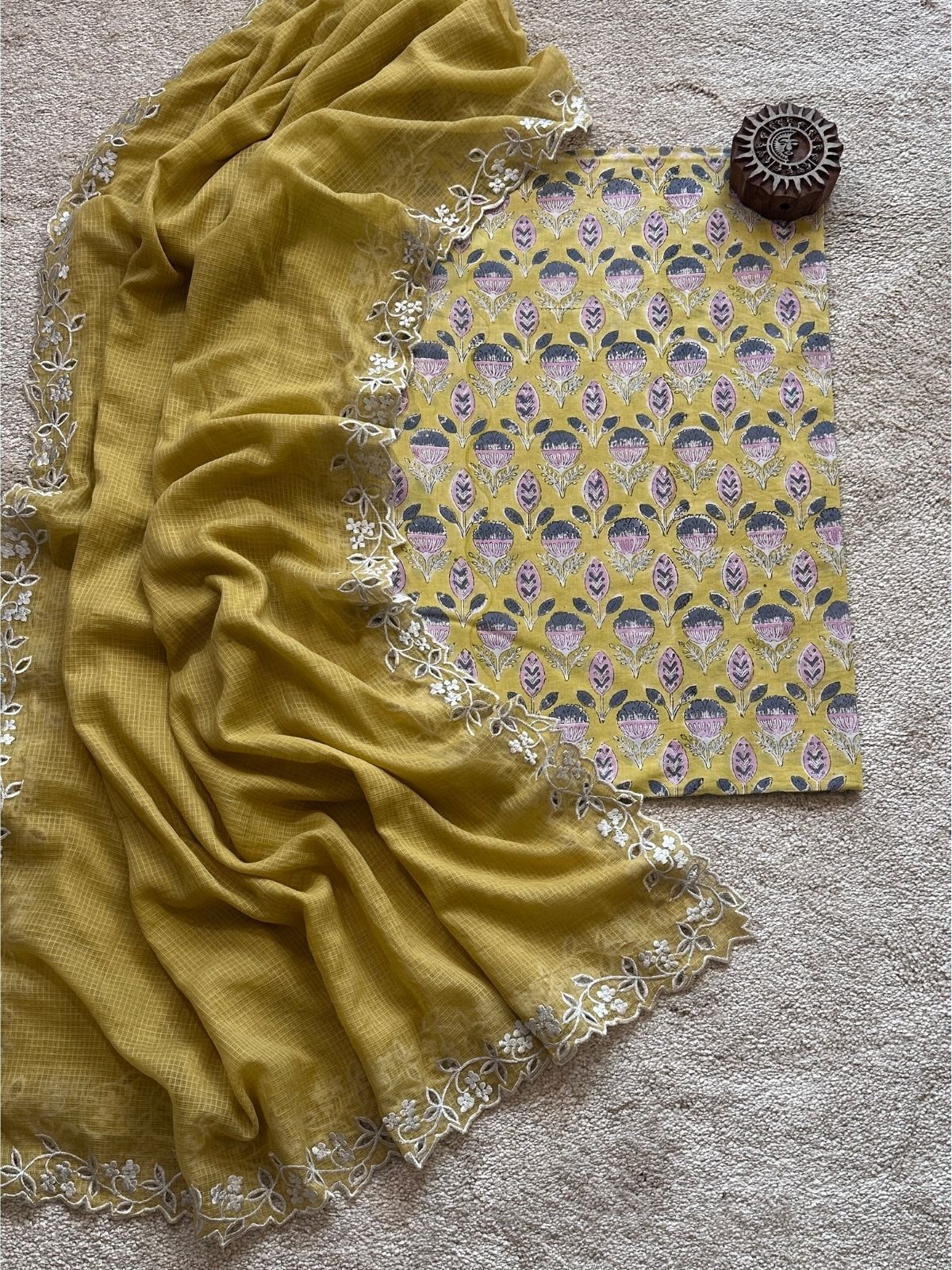 Ketaki Set- Sanganeri Block Print Fabric with Cutwork Embroidered Dupatta