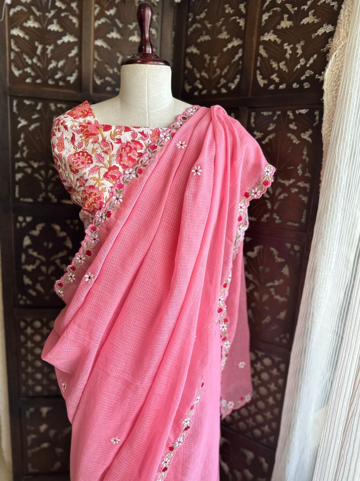 Kota Doria Embroidered Saree with Hand Block Blouse fabric