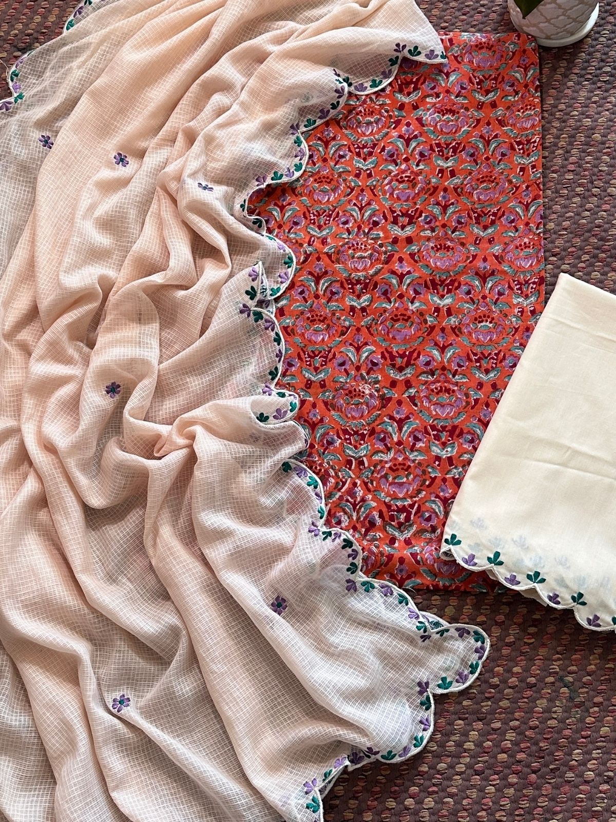 Pure Cotton Malmal Hand blocked Set with Embroidered Dupatta