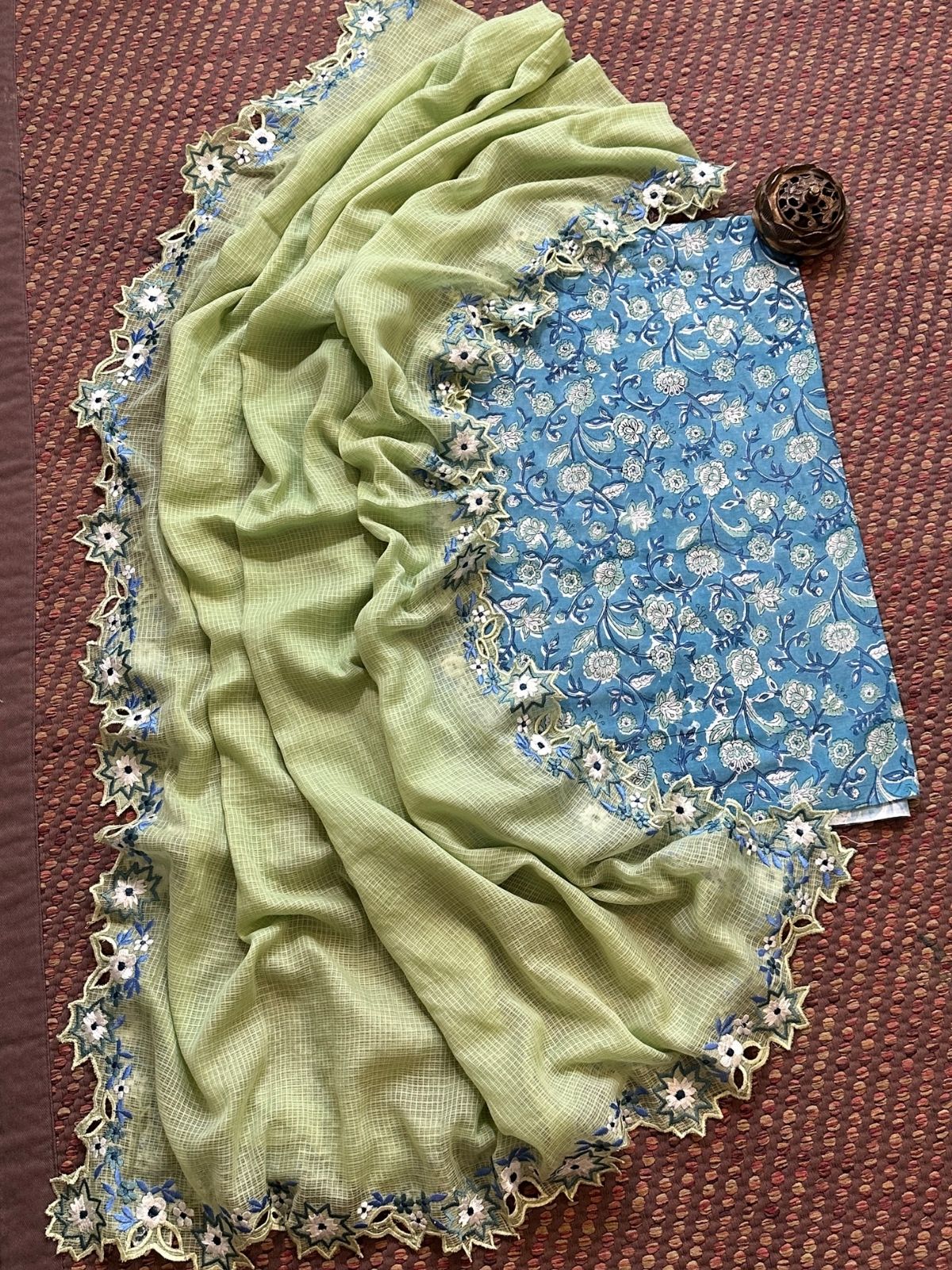 Pure Cotton Handblock Fabric with Exclusive Cutwork Embroidered Dupatta (Copy)