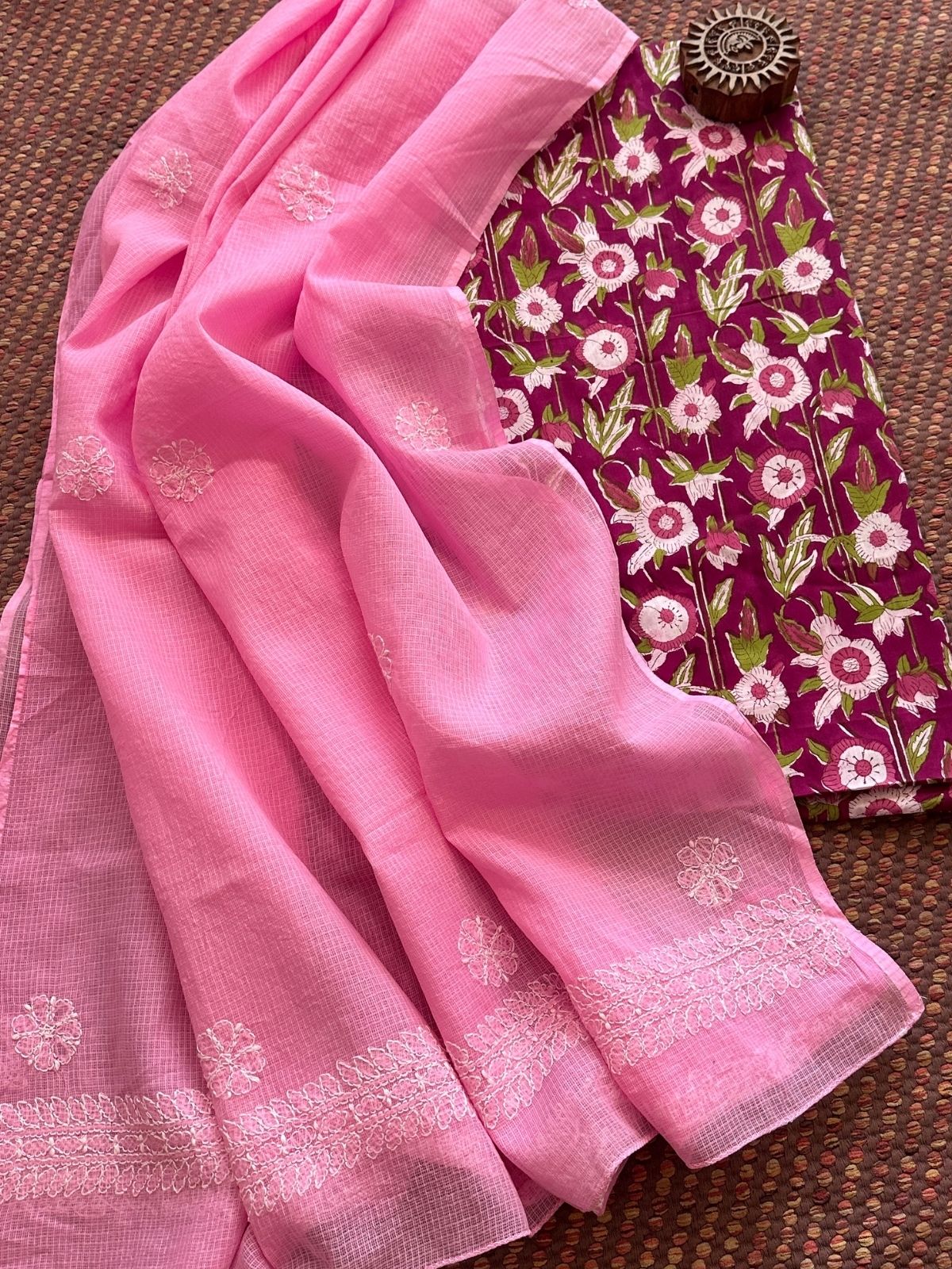 Pure Cotton Hand Blocked Fabric with Chikankari Dupatta