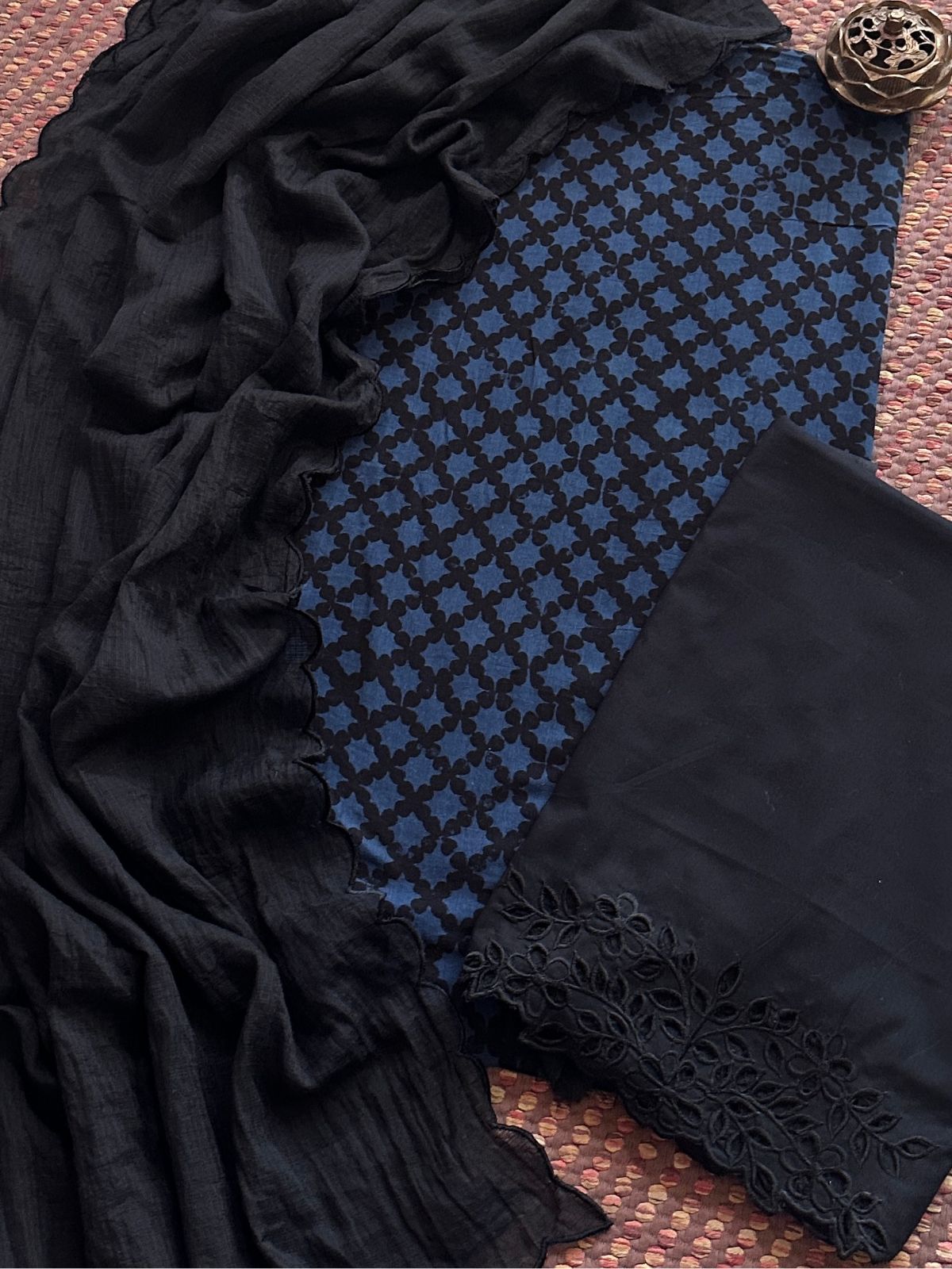 Pure Cotton Malmal Ajrak Fabric withCutwork Bottom & Kota Dupatta