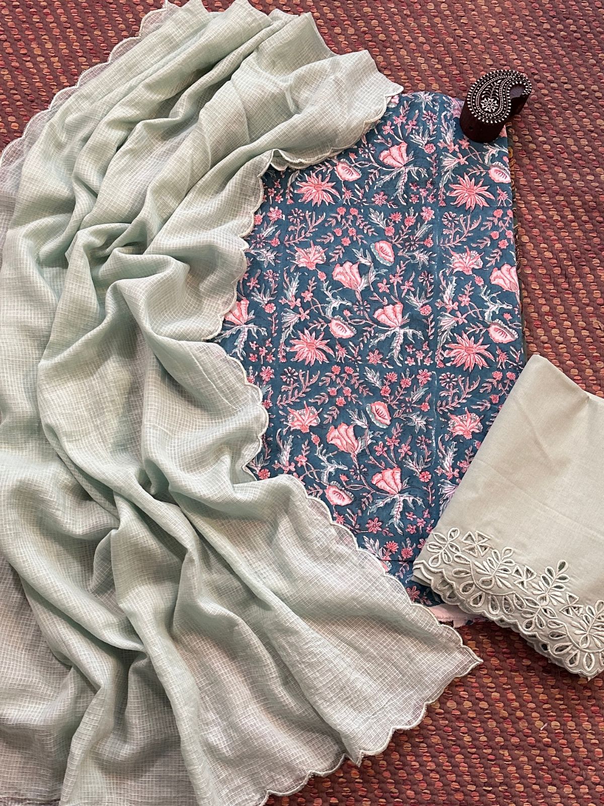 Pure Cotton Hand-blocked Fabric with Cutwork Bottom & Kota Doria Dupatta