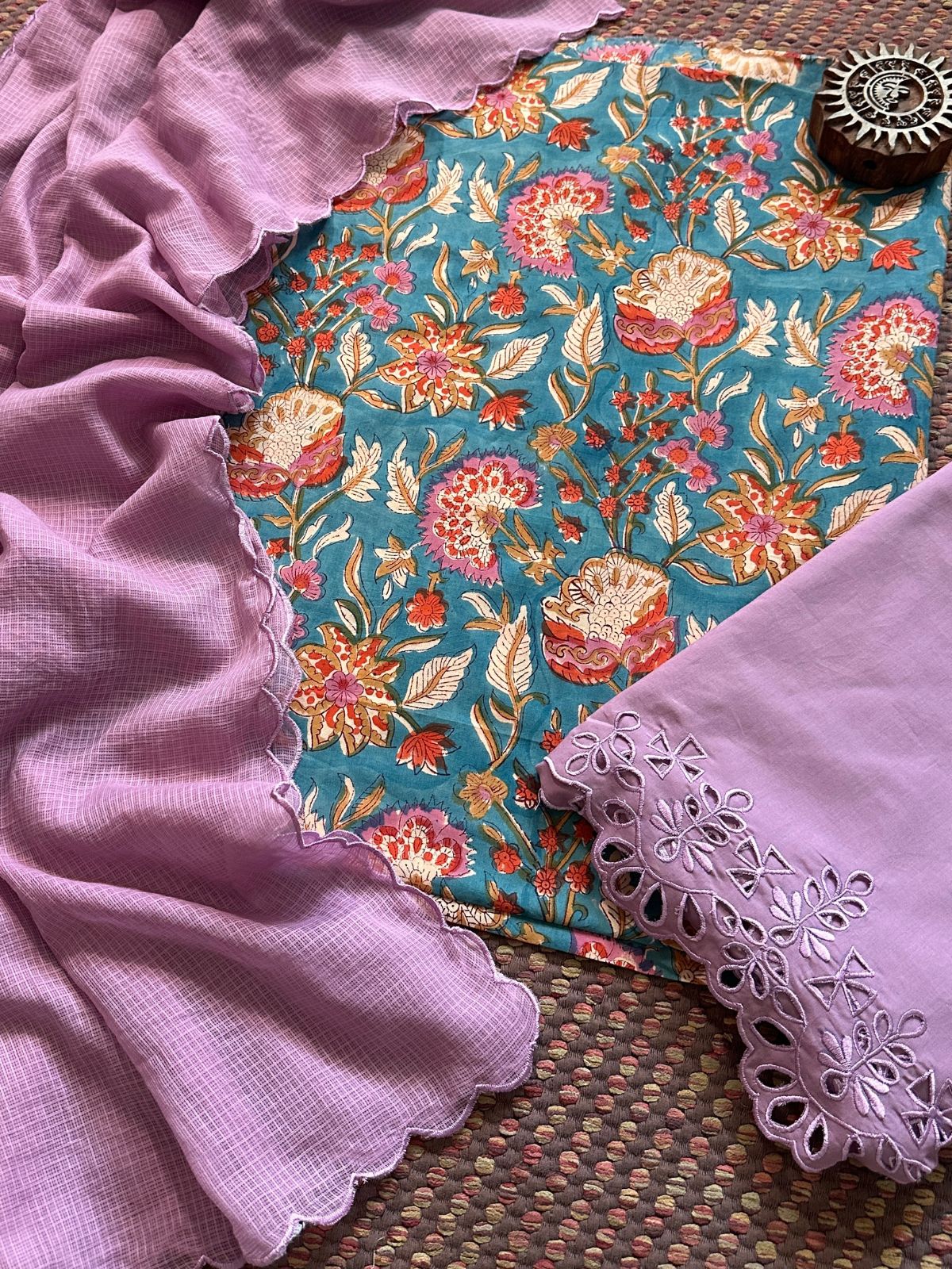 Pure Cotton Hand-blocked Fabric with Cutwork Bottom & Kota Doria Dupatta