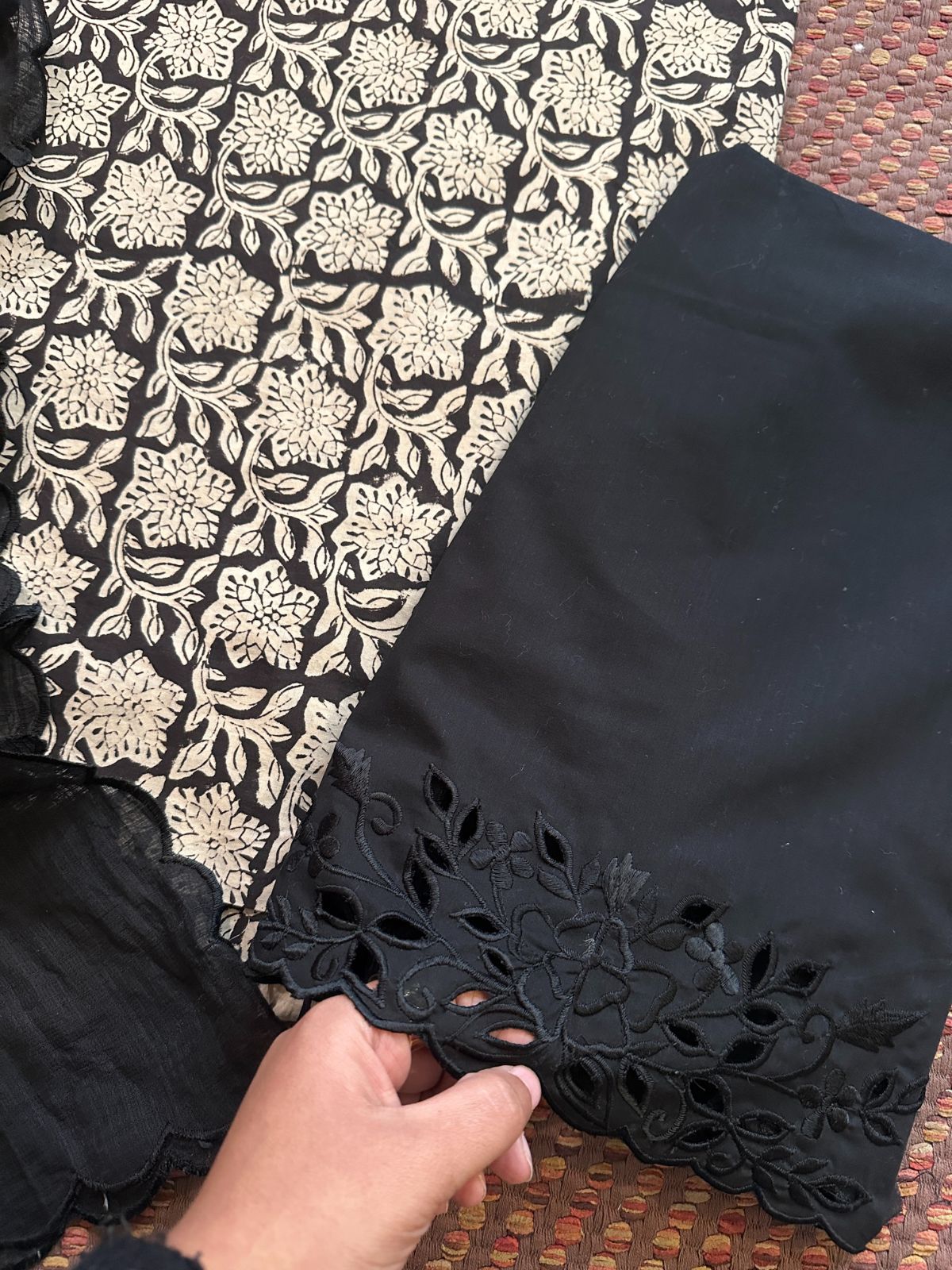 Pure Cotton Hand-blocked Fabric with Cutwork Bottom & Kota Doria Dupatta