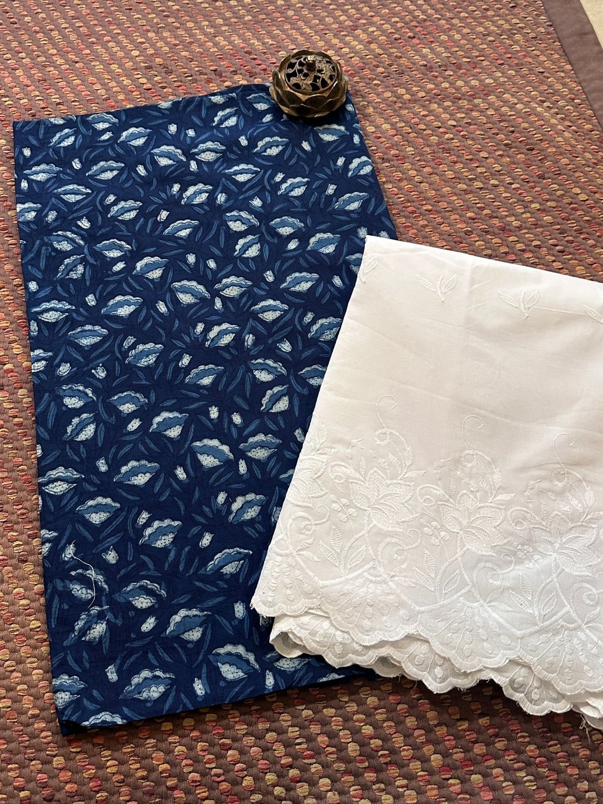 Pure Cotton Indigo Handblocked Fabric with Embroidered Bottom