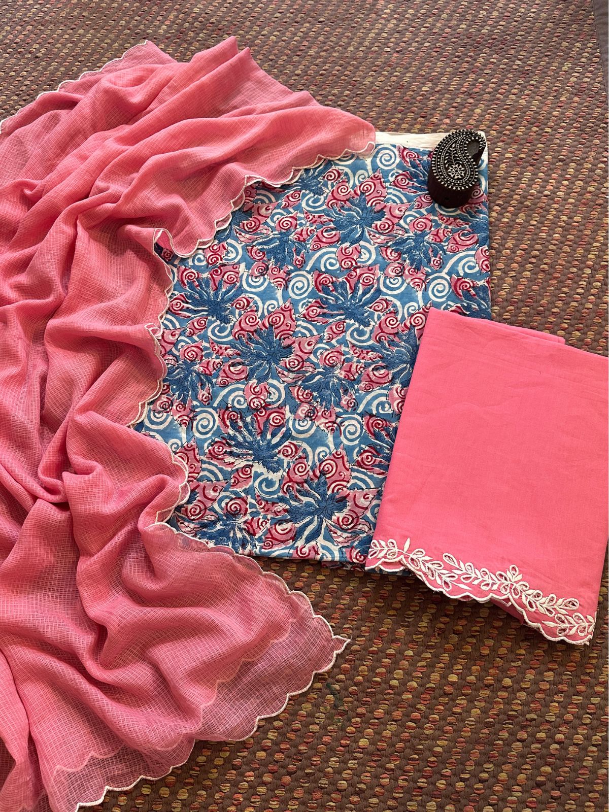 Pure Cotton Hand-blocked Fabric with Cutwork Bottom & Kota Doria Dupatta
