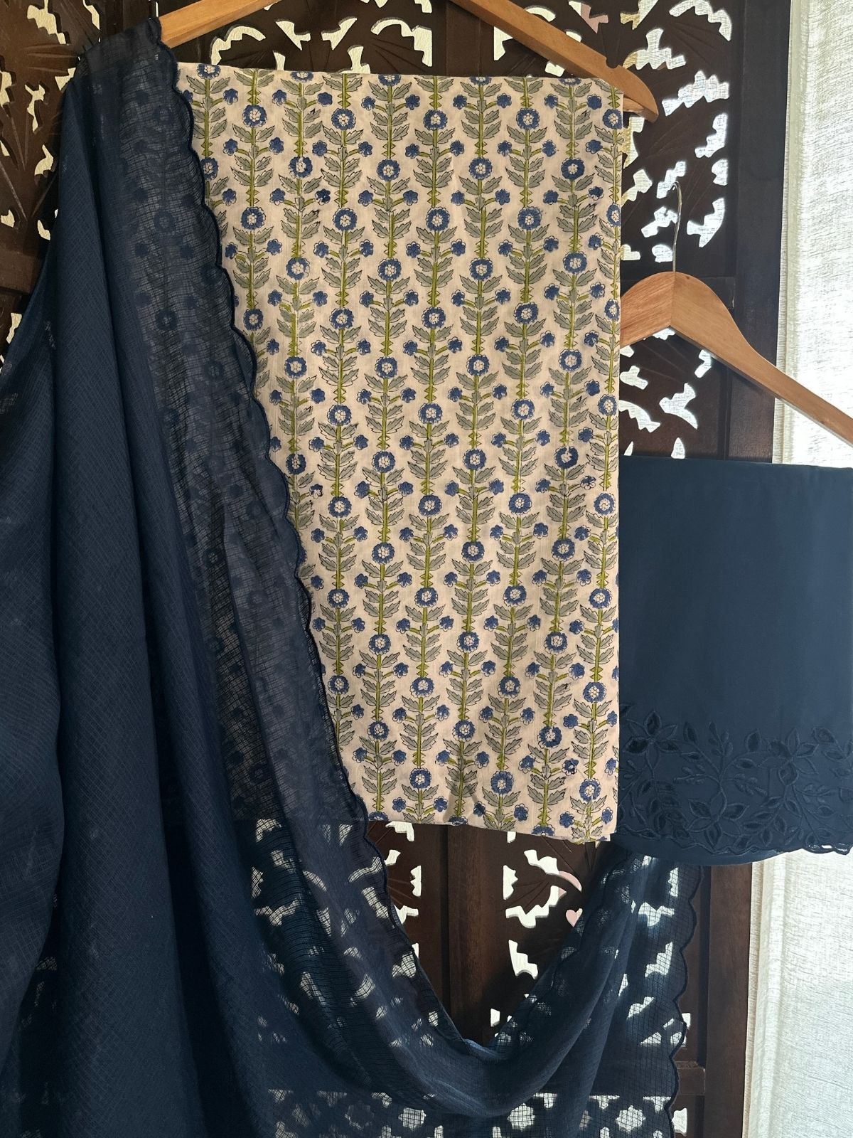 Pure Cotton Hand-blocked Fabric with Cutwork Bottom & Kota Doria Dupatta