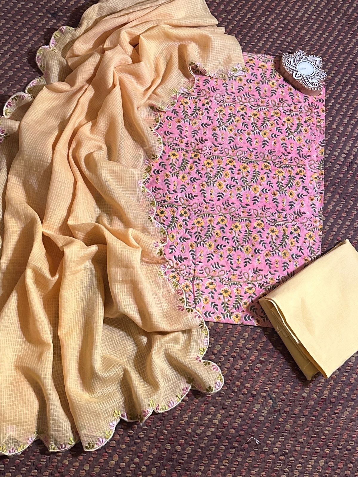 Pure Cotton malmal Hand-block Fabric with Embroidered Kota Doria Dupatta