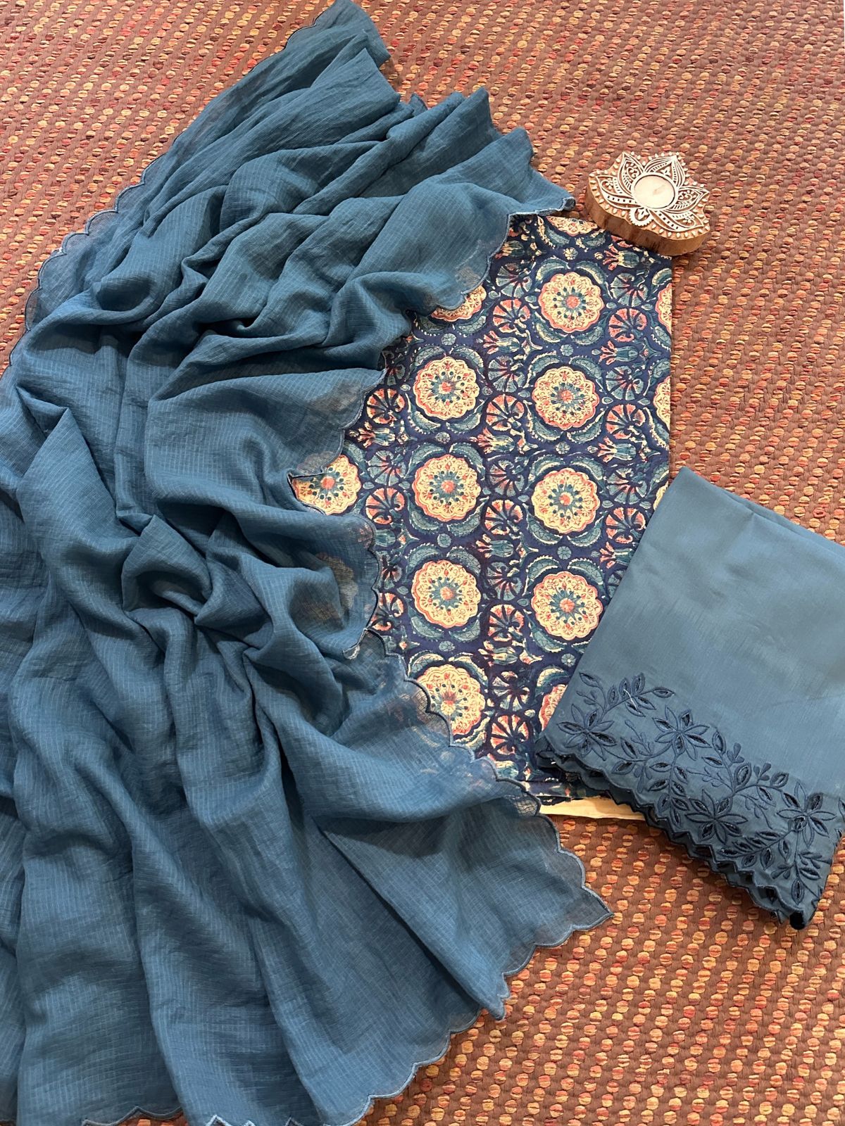 Pure Cotton Hand-blocked Fabric with Cutwork Bottom & Kota Doria Dupatta