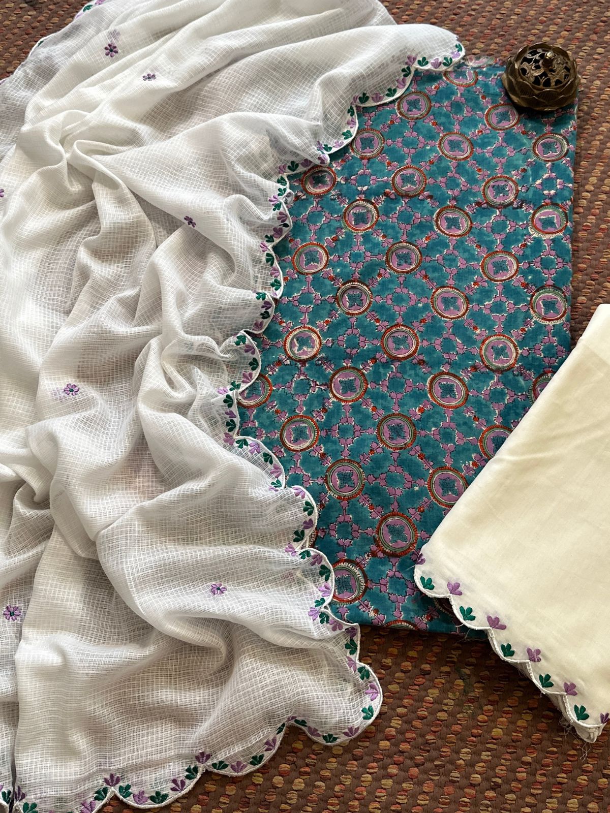 Pure Cotton Hand-block Fabric with Embroidered Bottom & Kota Doria Dupatta