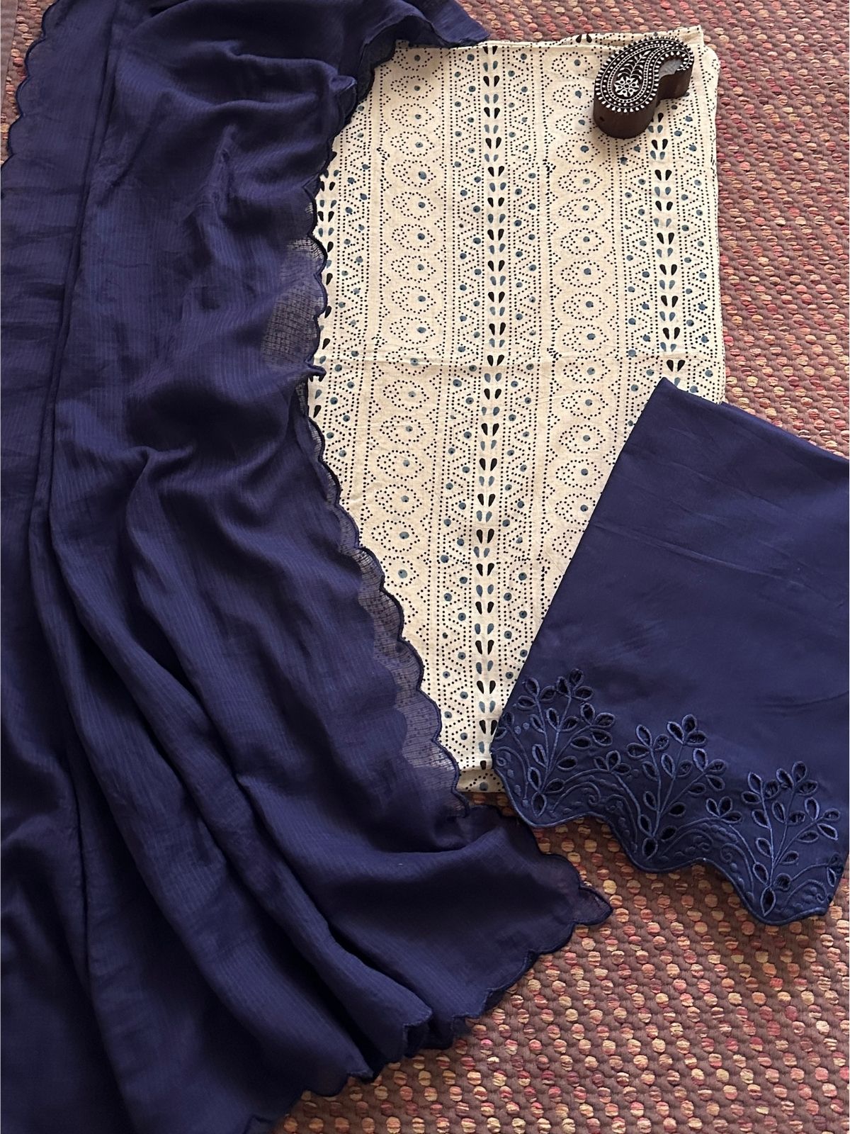 Pure Cotton Malmal  Ajrakh Fabric with Exclusive Cutwork Bottom & Kota Doria Dupatta