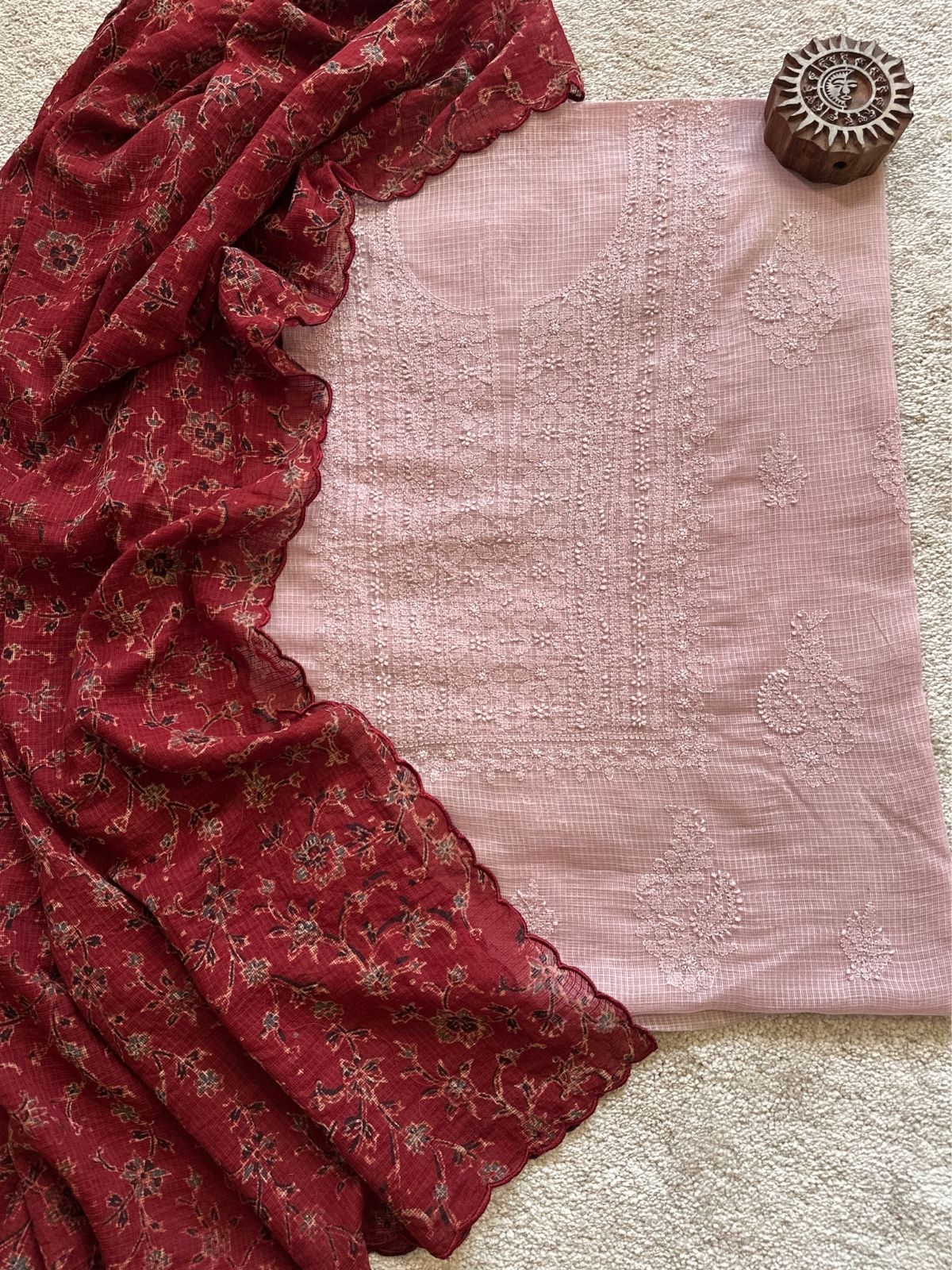 Chikankari Hand Embroidered Fabric with Ajrak Hadblocked Kota Dupatta