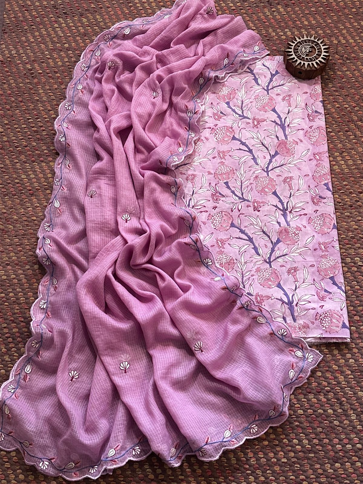 Pure Cotton Hand-blocked fabric set with Embroidered Dupatta