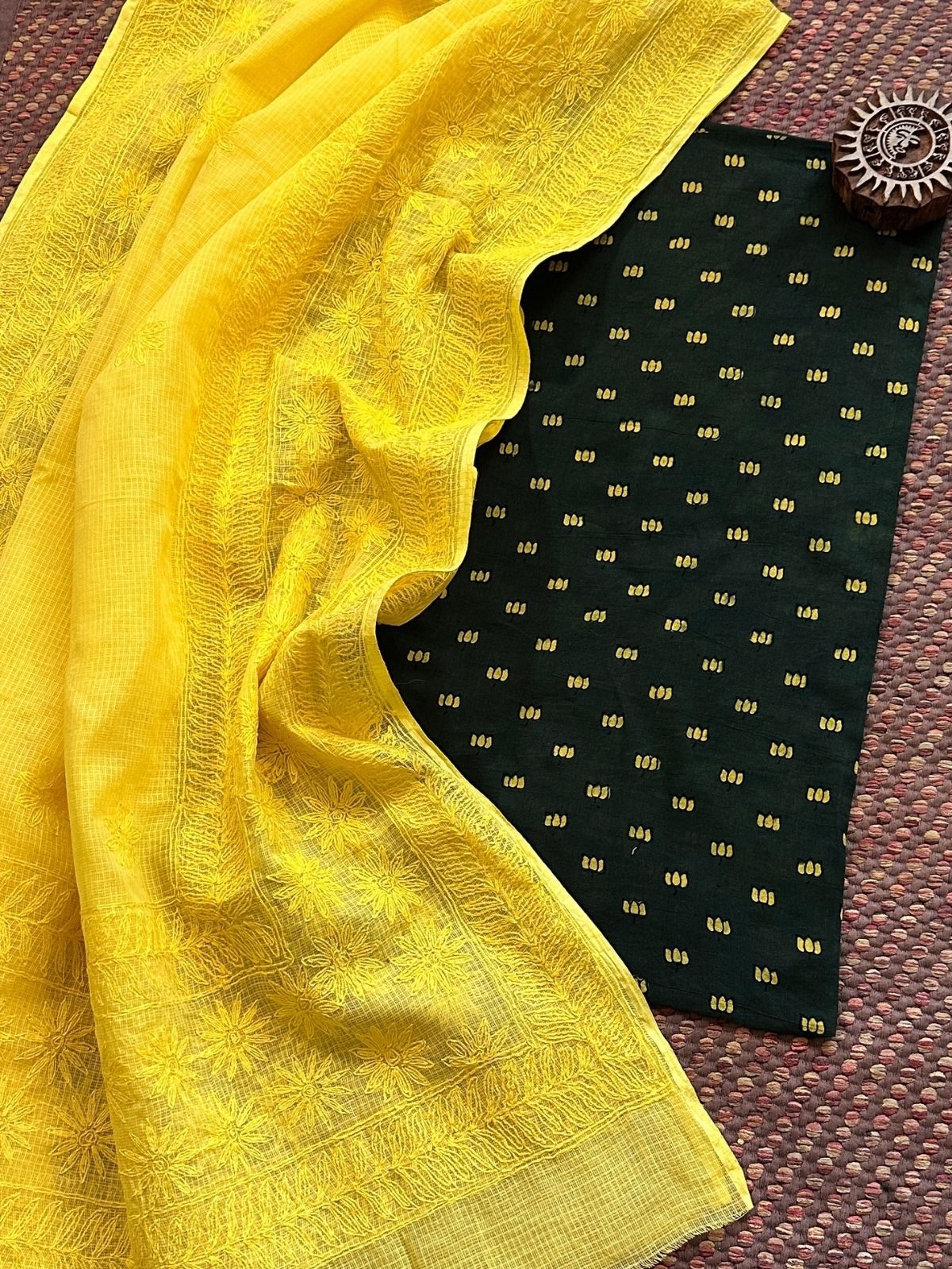 Ajrakh Handblocked Cotton Malmal Fabric with Chikankari Kota Dupatta Unstitched Set
