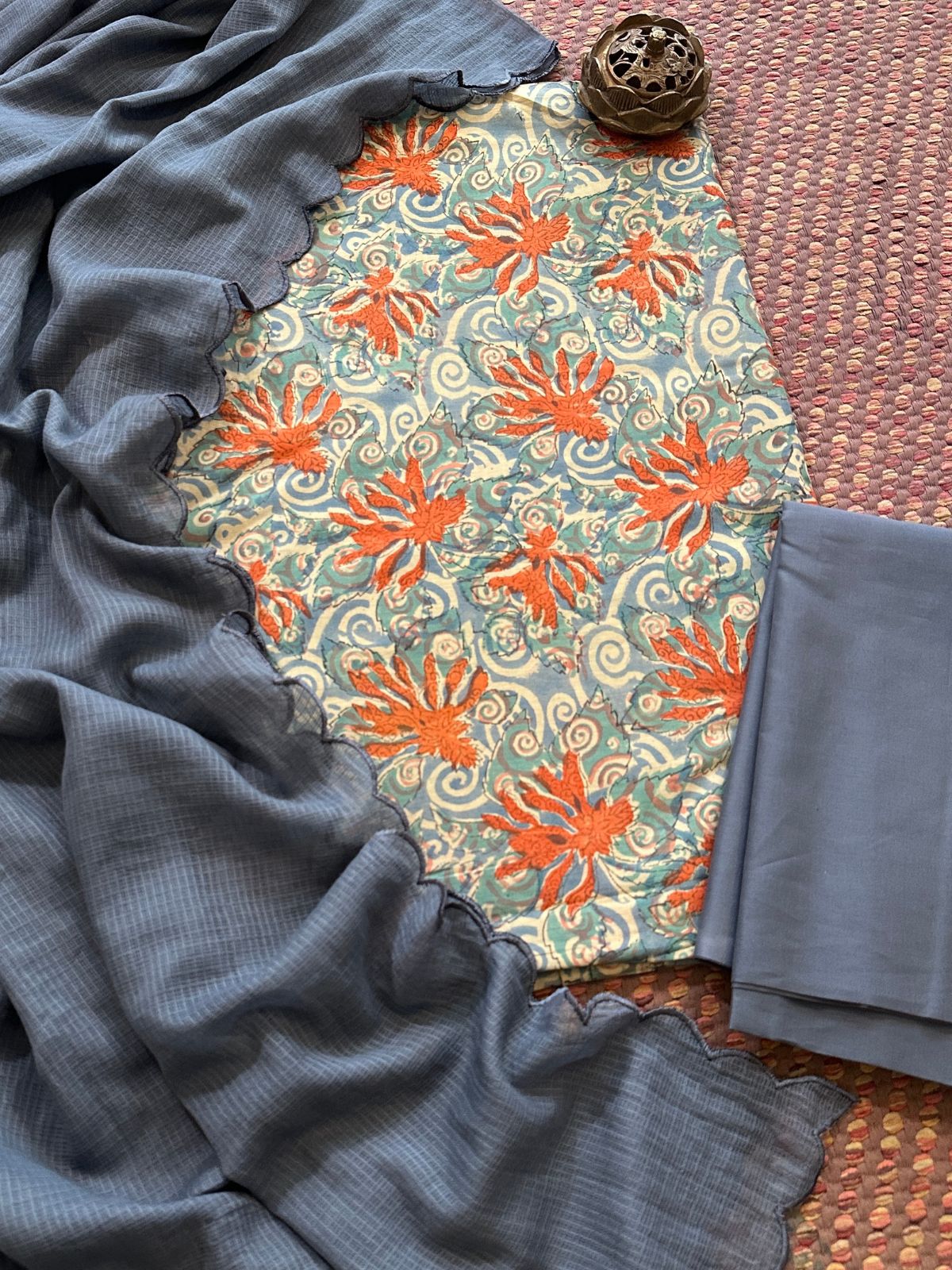 Pure Cotton Malmal handblocked Fabric Set with Kota Dupatta