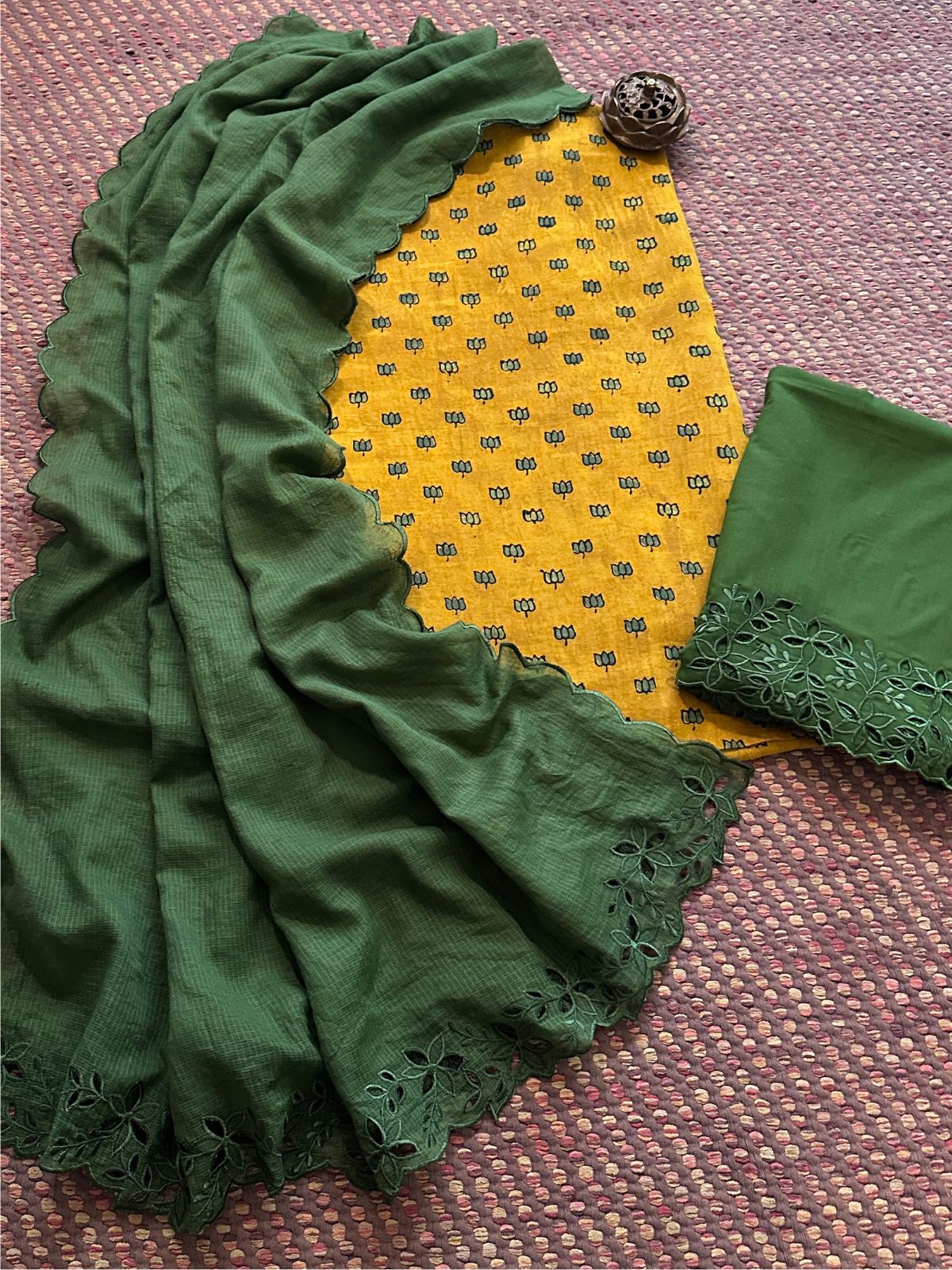 Pure Cotton Malmal  Hand-blocked Ajrak Fabric with Cutwork Bottom & Kota Doria Dupatta