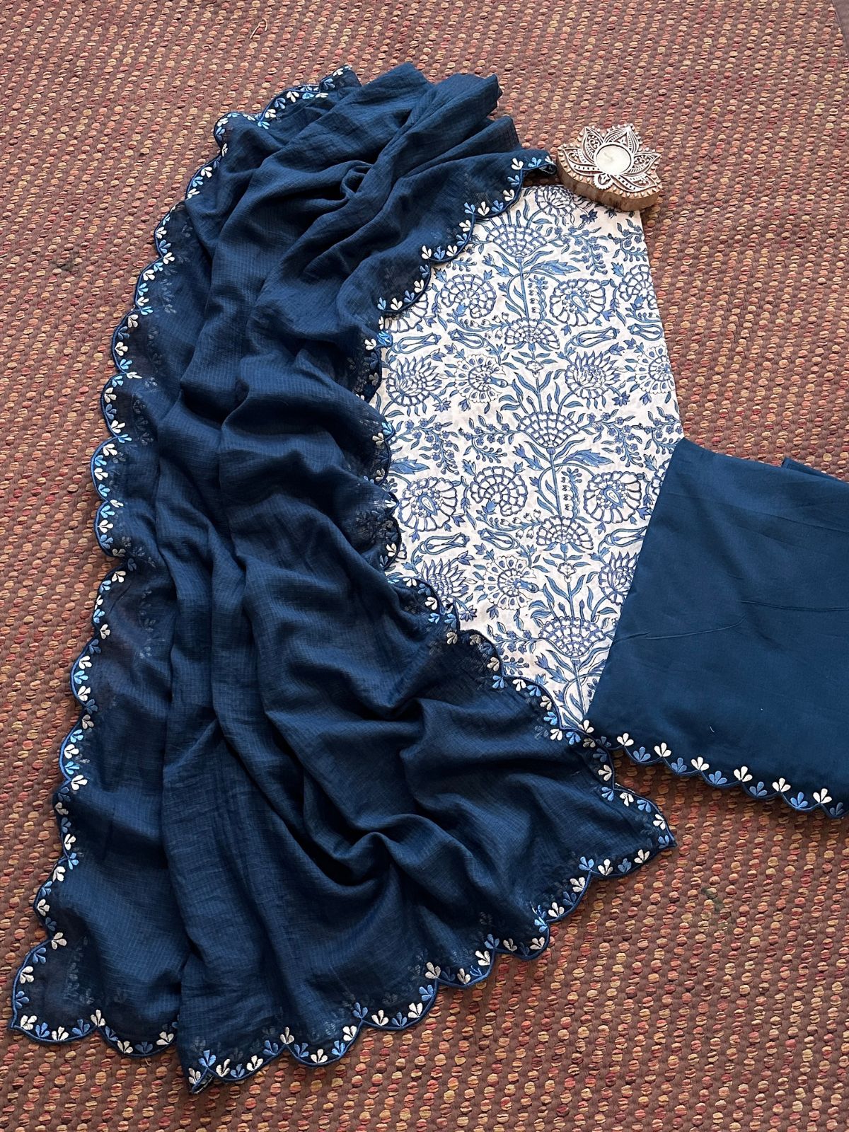 Pure Cotton Hand blocked Set with Embroidered Dupatta