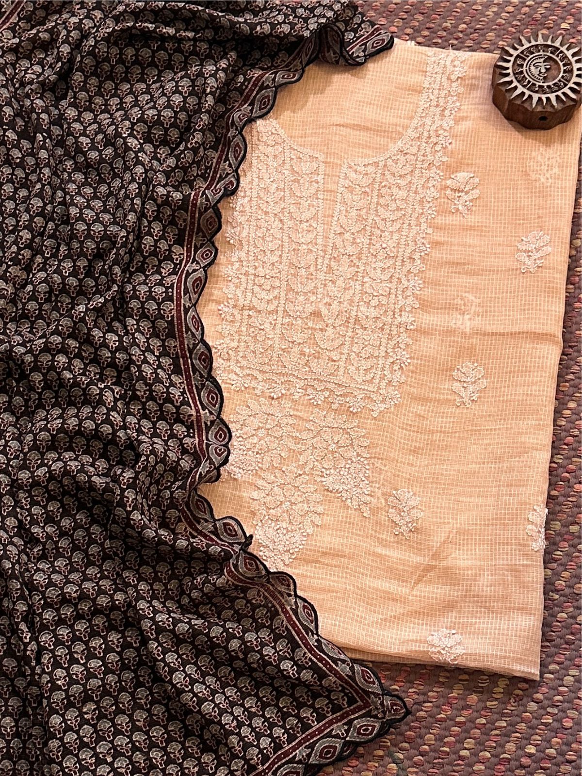 Chikankari Hand Embroidered Fabric with Ajrak Hadblocked Kota Dupatta