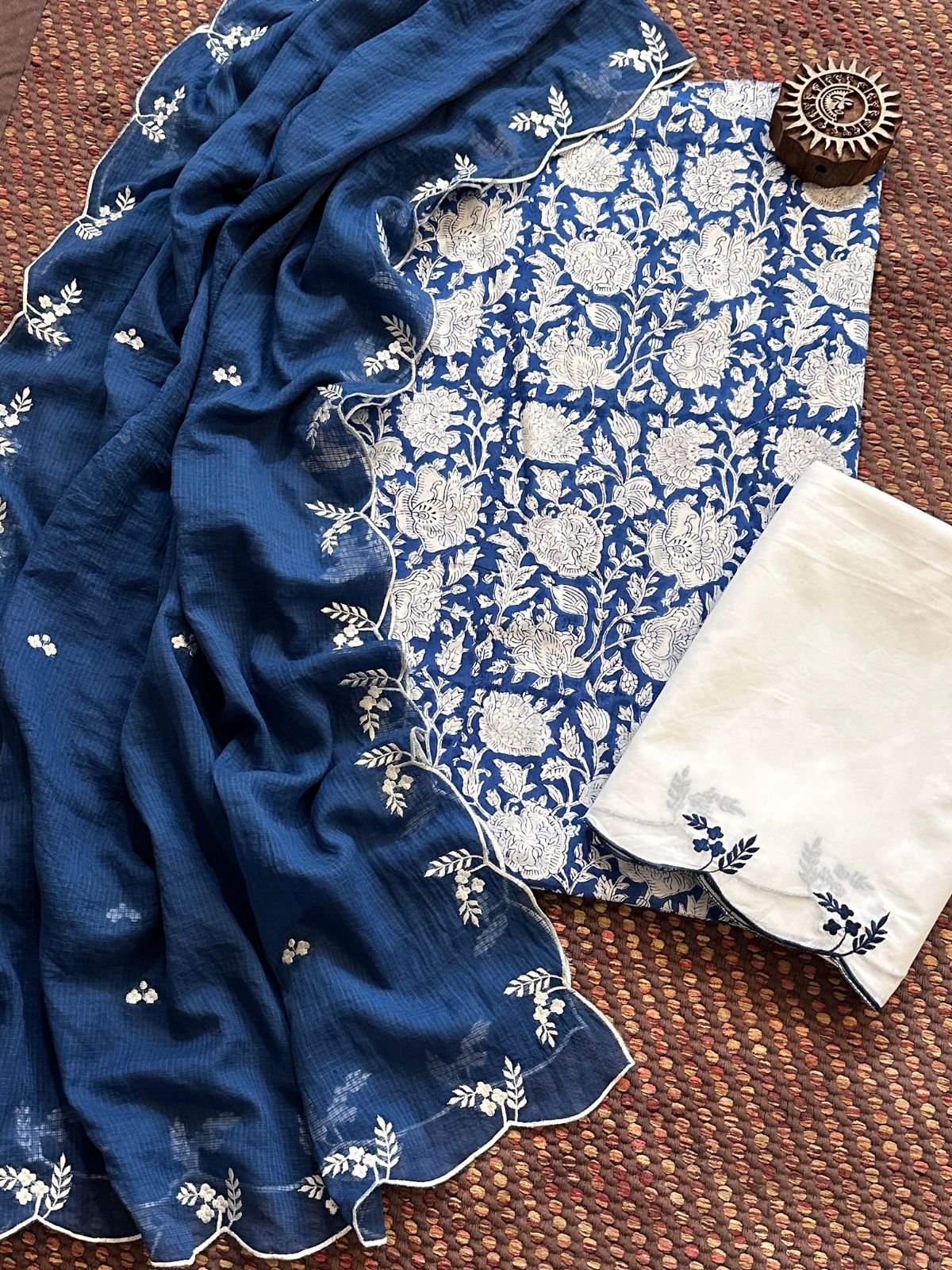 Pure Cotton Hand-block Fabric with Embroidered Bottom & Kota Doria Dupatta