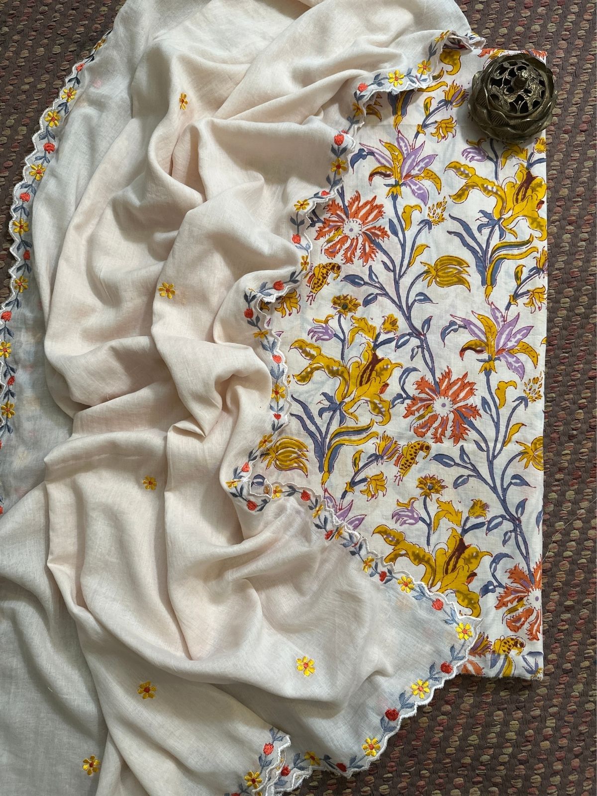 Cotton Malmal Fabric with Embroidered Malmal Dupatta Set