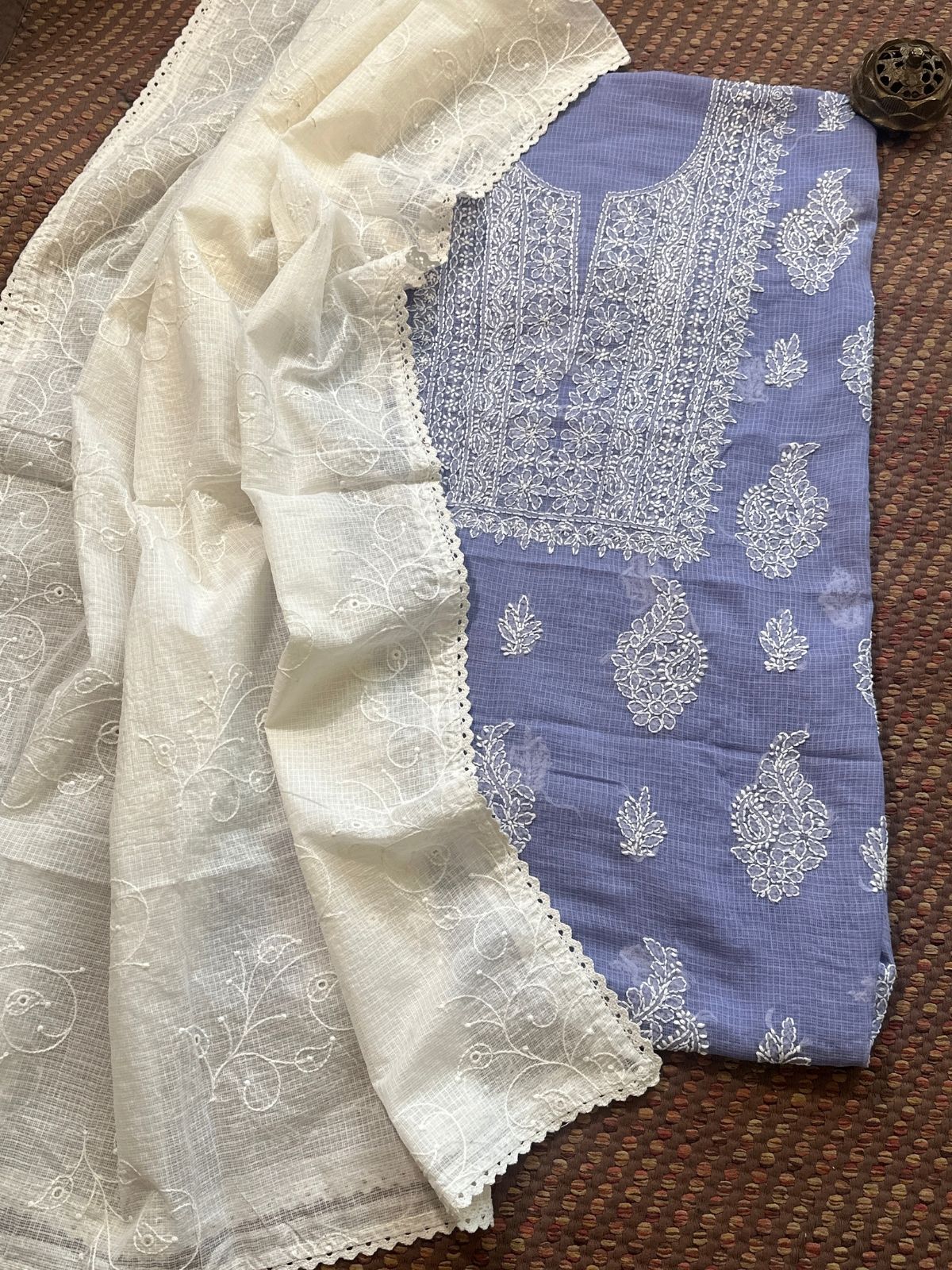 Chikankari Hand Embroidered Fabric with Kota Embroidered Dupatta