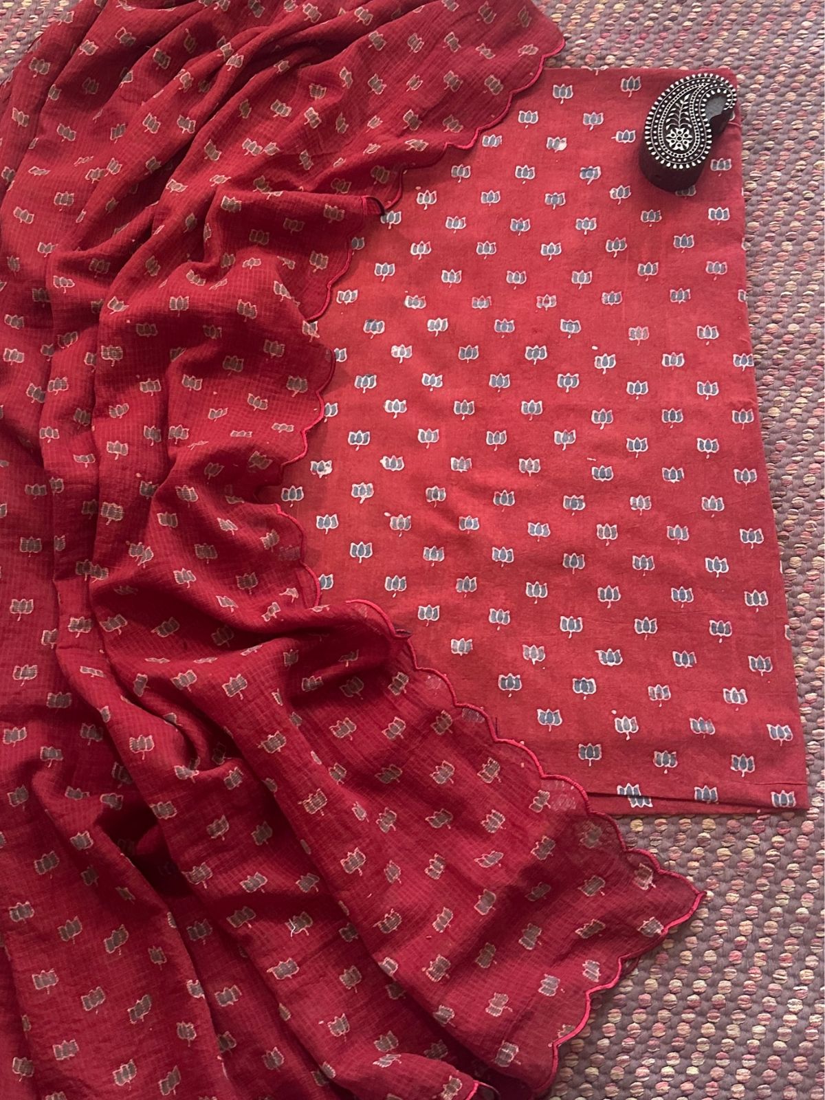 Ajrakh Cotton Malmal Handblocked Set- Top & Dupatta
