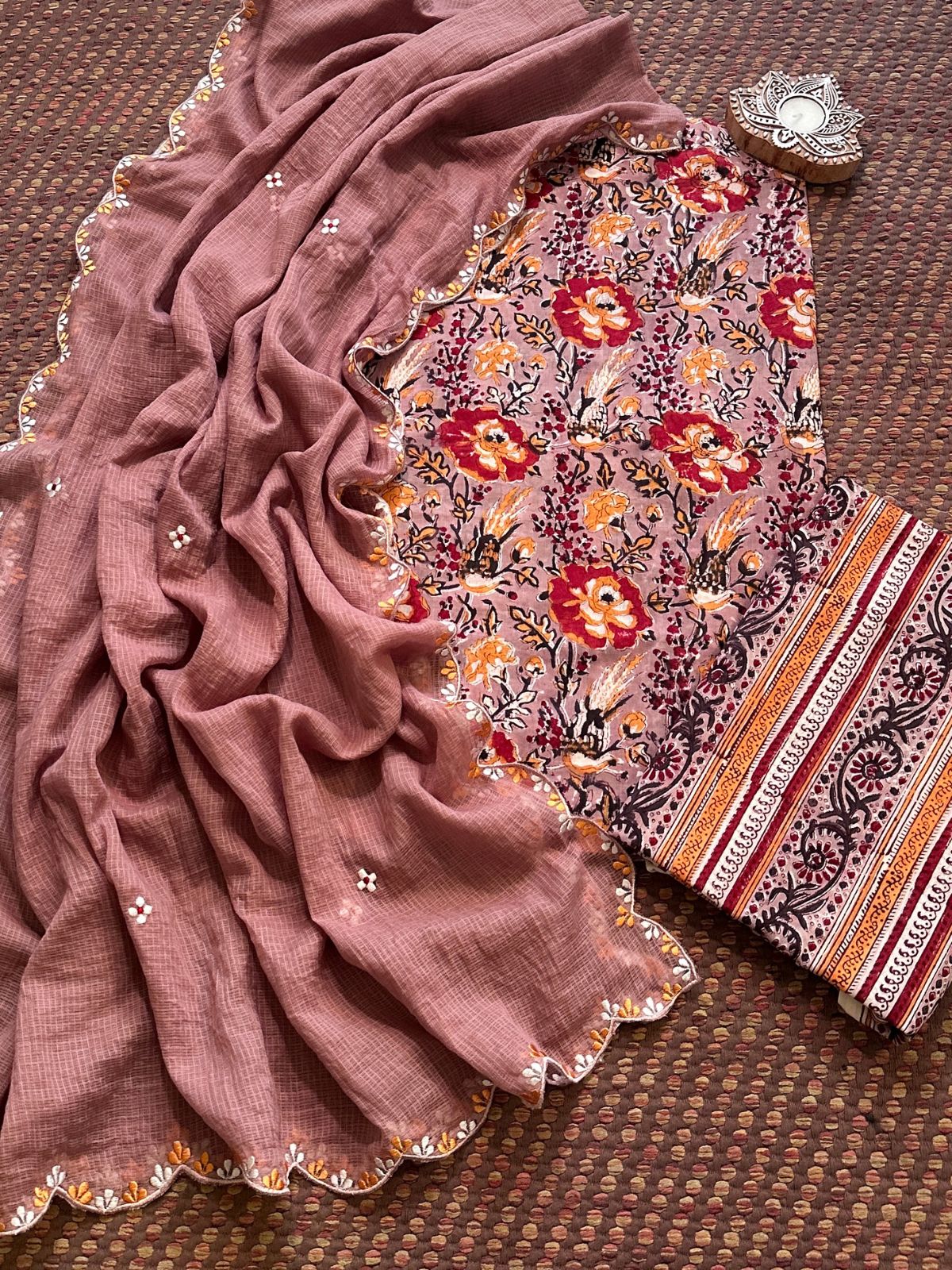 Premium Pure Cotton Malmal Hand blocked Set with Embroidered Dupatta
