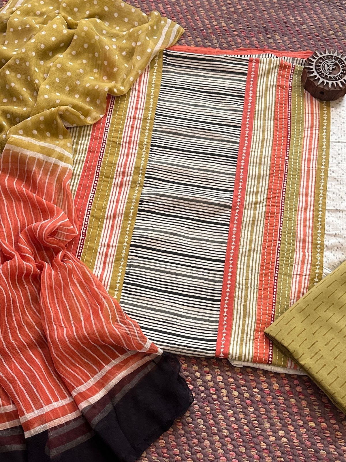 Pure Cotton Patch work Unstitched Set with pure chiffon Dupatta