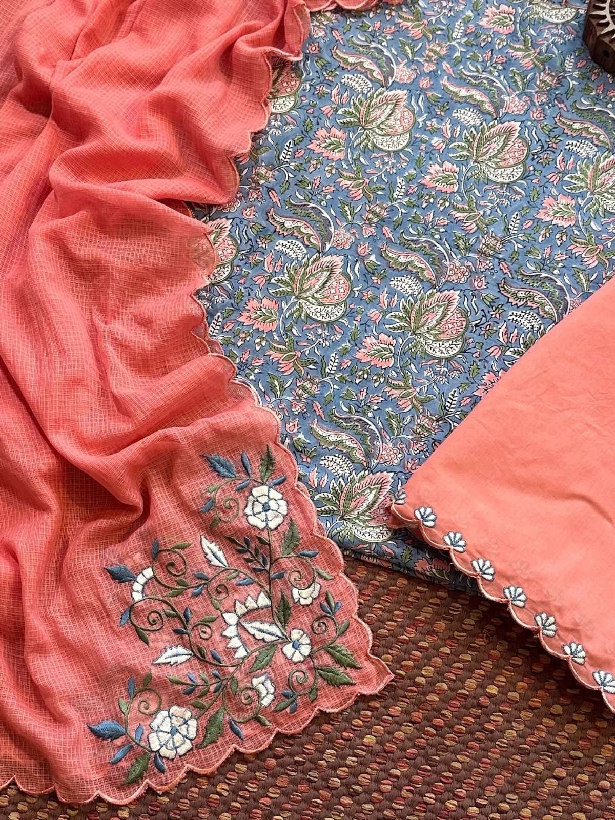 Pure Cotton Hand-block Fabric with Embroidered Bottom & Kota Doria Dupatta