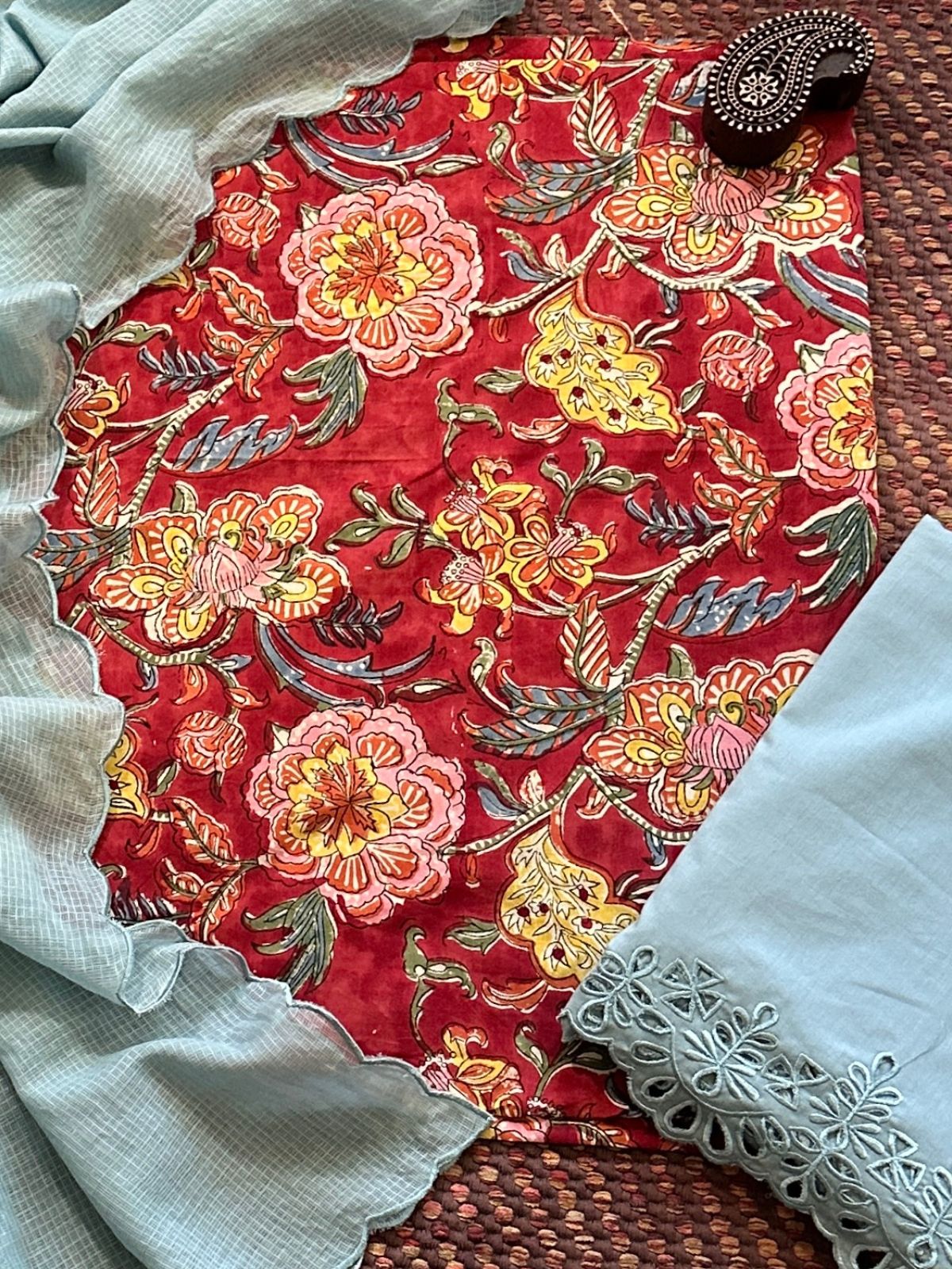 Pure Cotton Malmal Hand-blocked Fabric with Cutwork Bottom & Kota Doria Dupatta