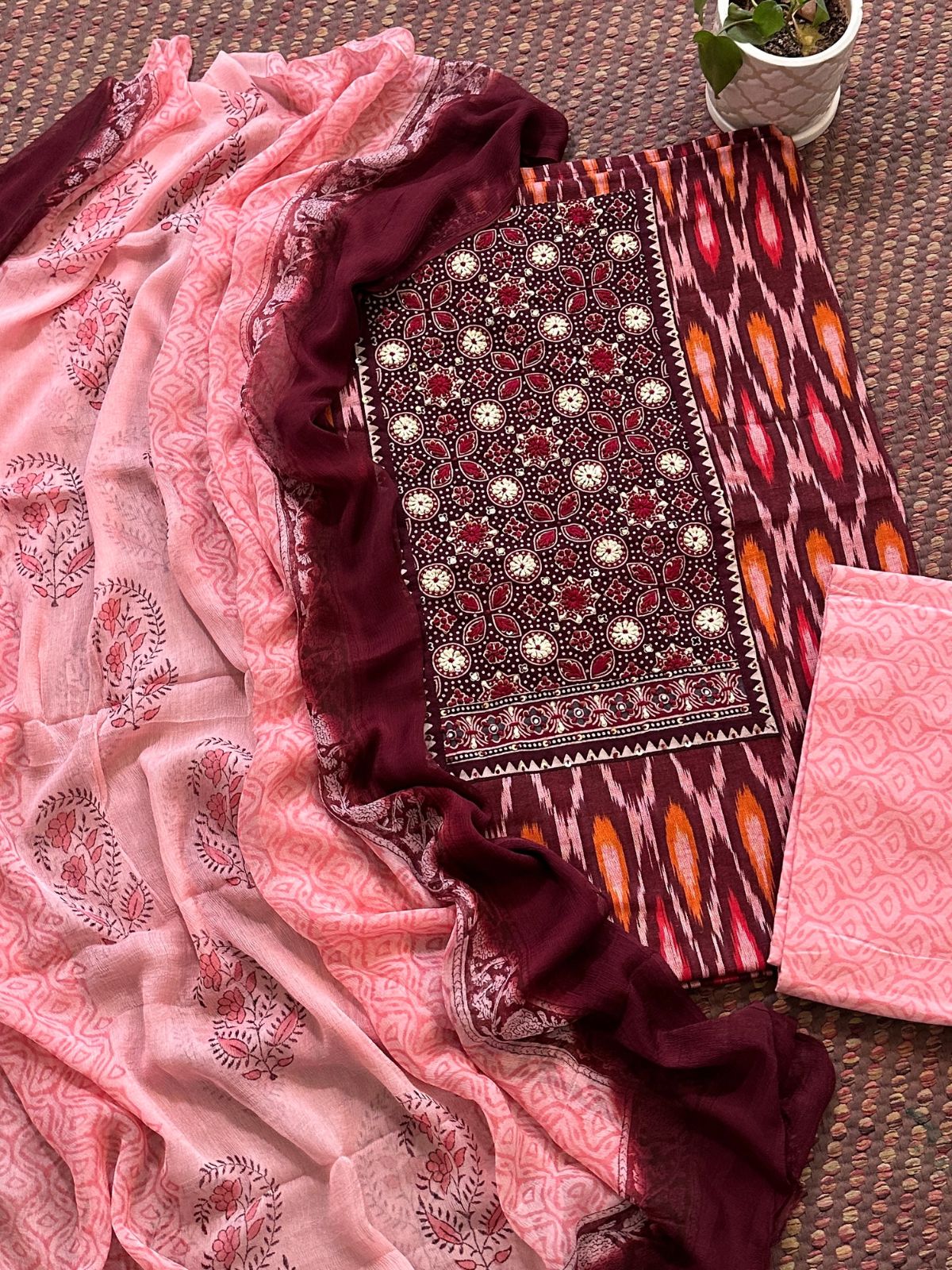 Pure Cotton Handblocked Unstitched Set with Chiffon Dupatta