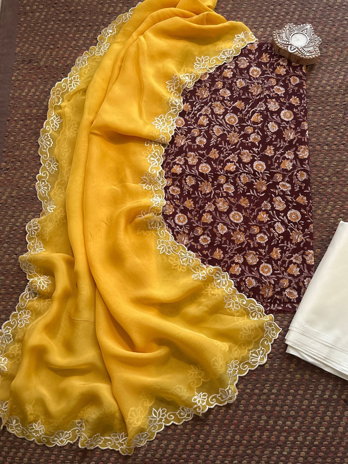 Pure Cotton Hand-blocked Fabric with Exclusive Organza Dupatta