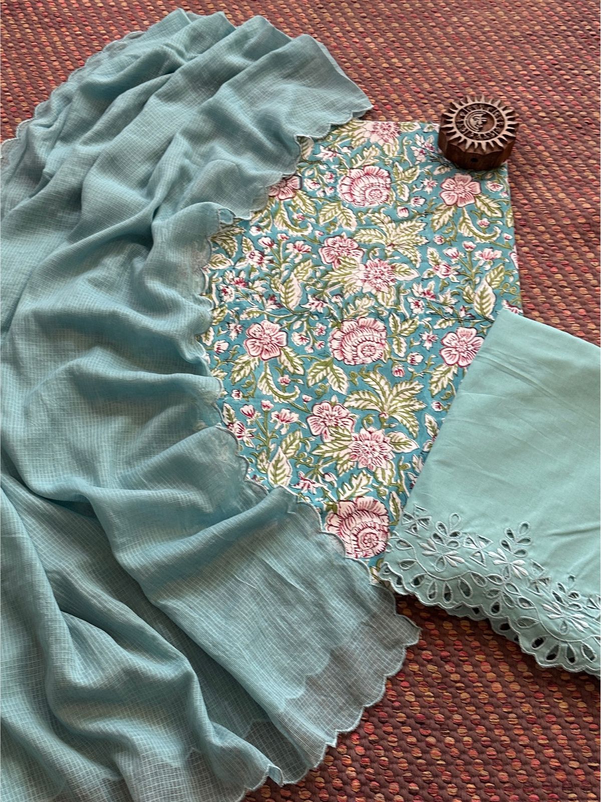 Pure Cotton Hand-blocked Fabric with Cutwork Bottom & Kota Doria Dupatta