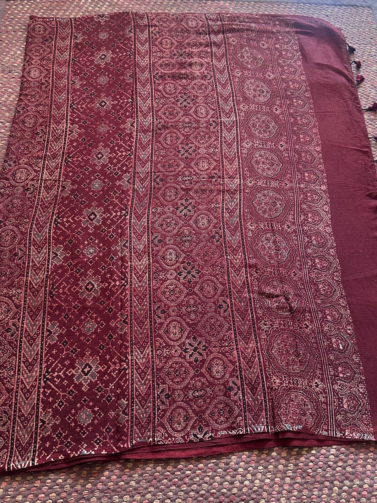 Ajrak Handblocked Kota Doria Embroidered Saree with Blouse Fabric