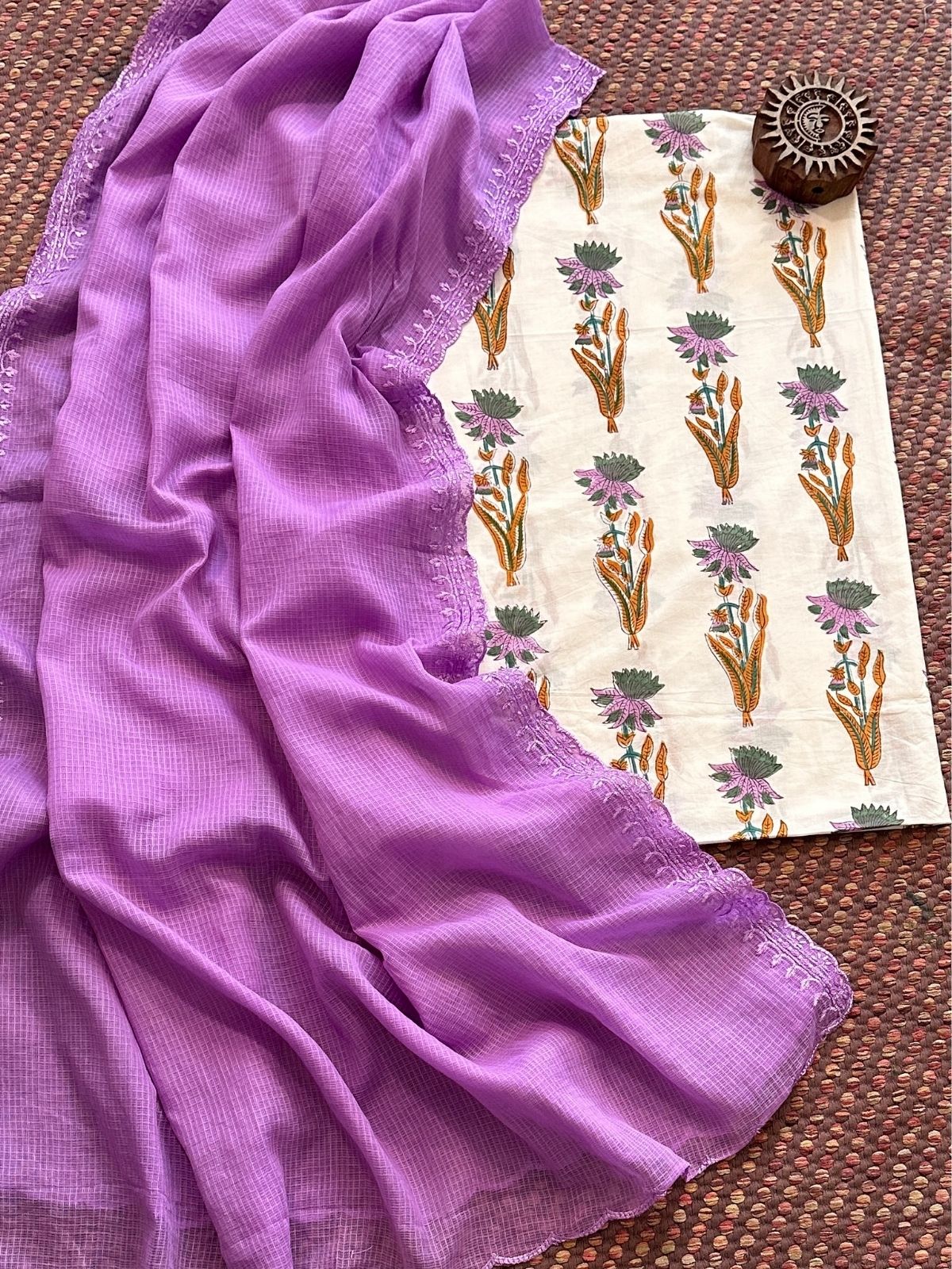 Pure Cotton Malmal Handblock Fabric with Embroidered Kota Dupatta